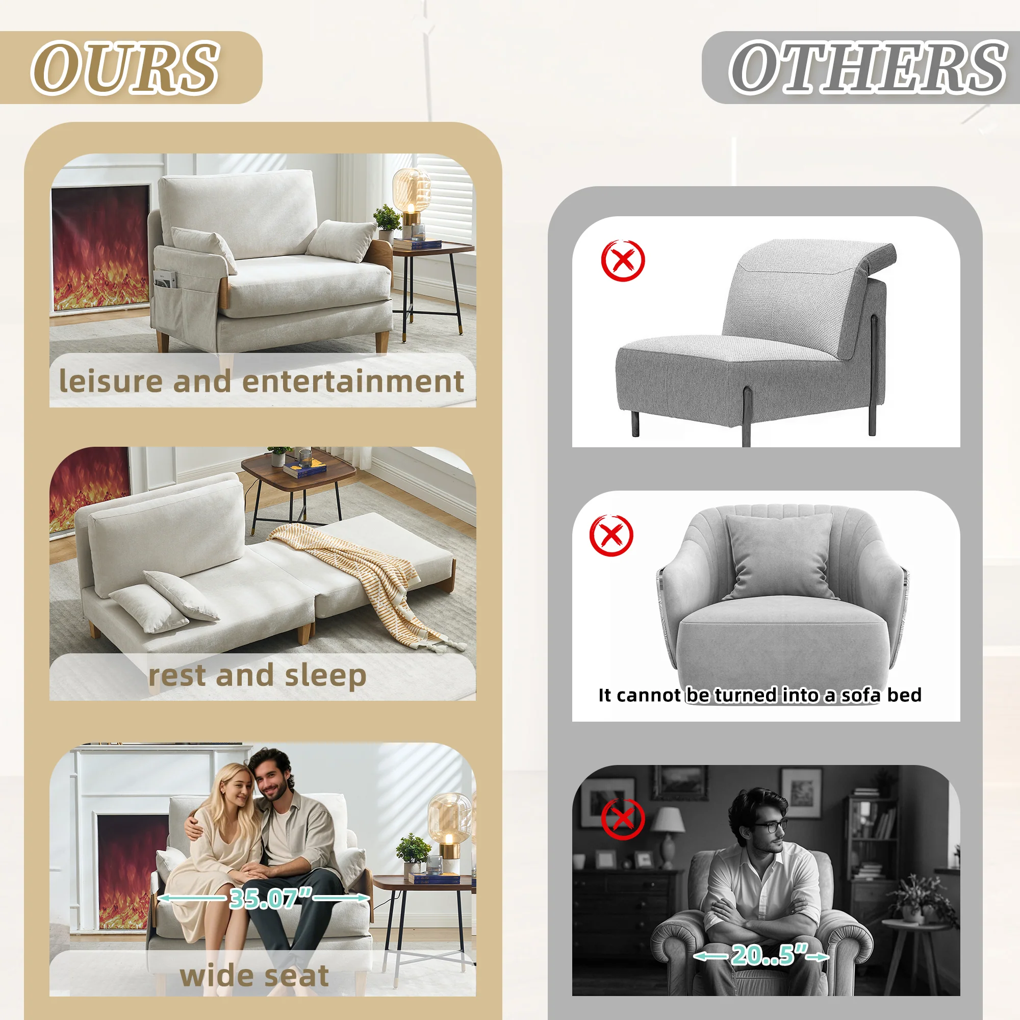 Mid-Century Modern Chenille Foldable Sofa Bed Recliner - Image 85