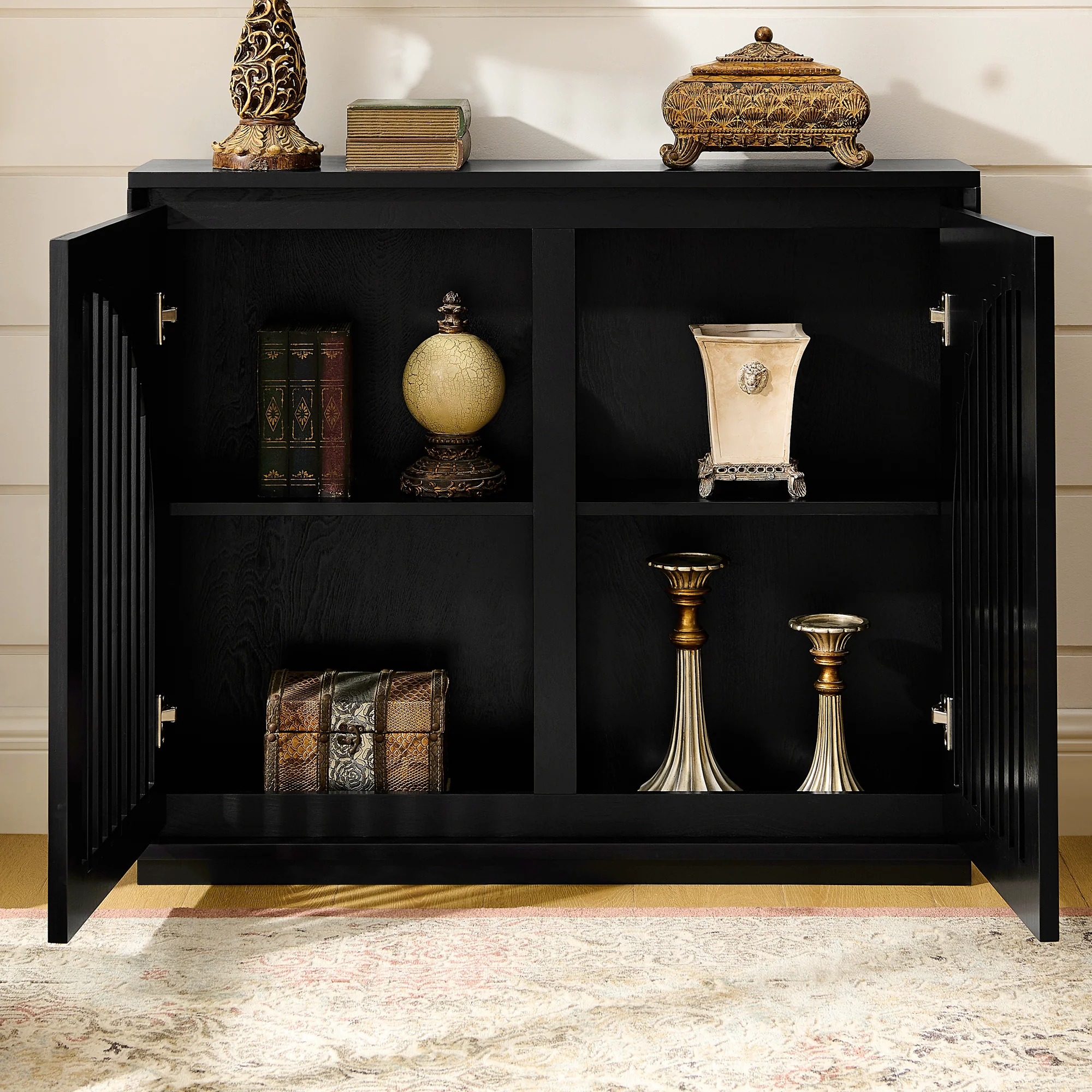 Mid-Century Modern Fluted Narrow Storage Cabinet with 2 Outlet Holes - Image 30