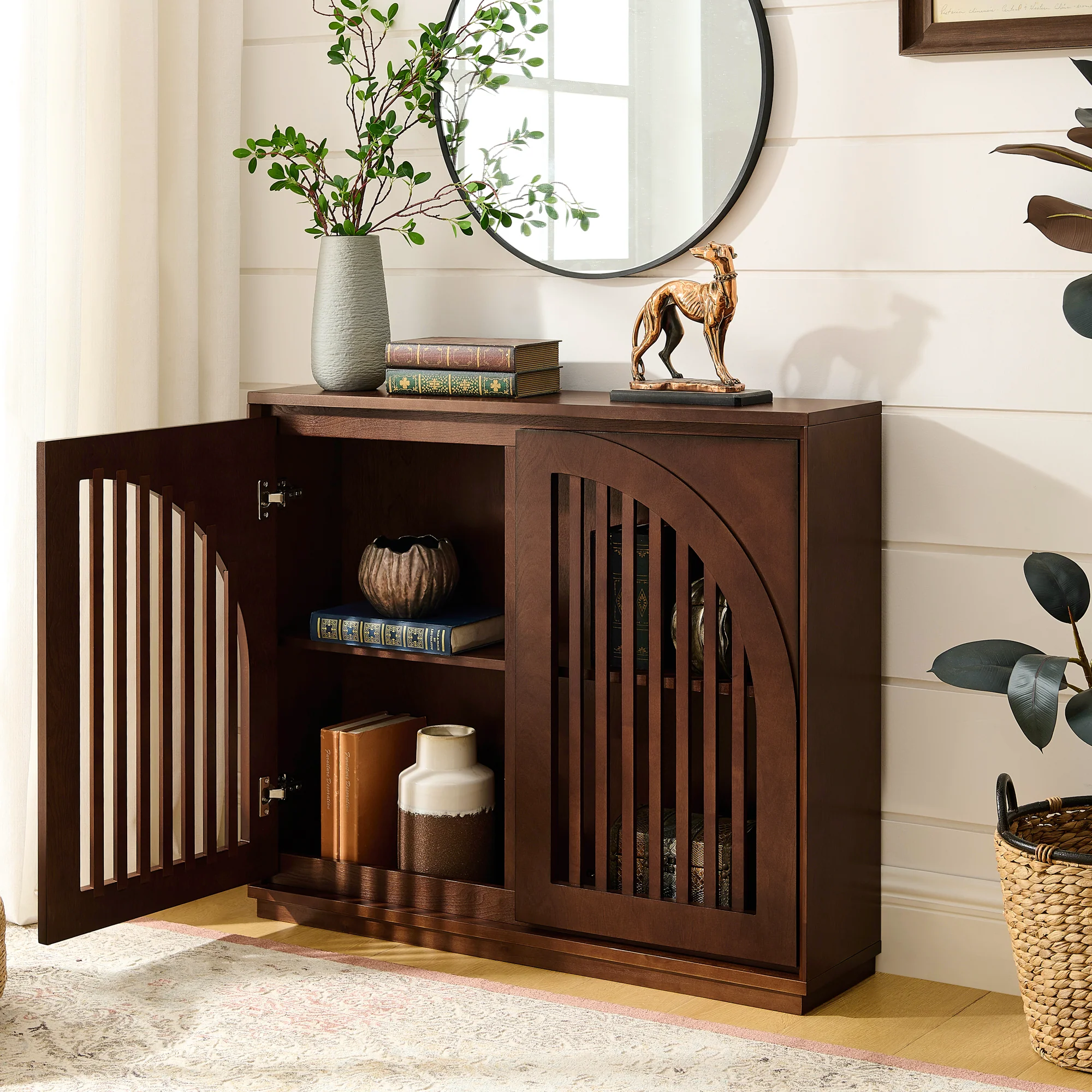 Mid-Century Modern Fluted Narrow Storage Cabinet with 2 Outlet Holes - Image 4