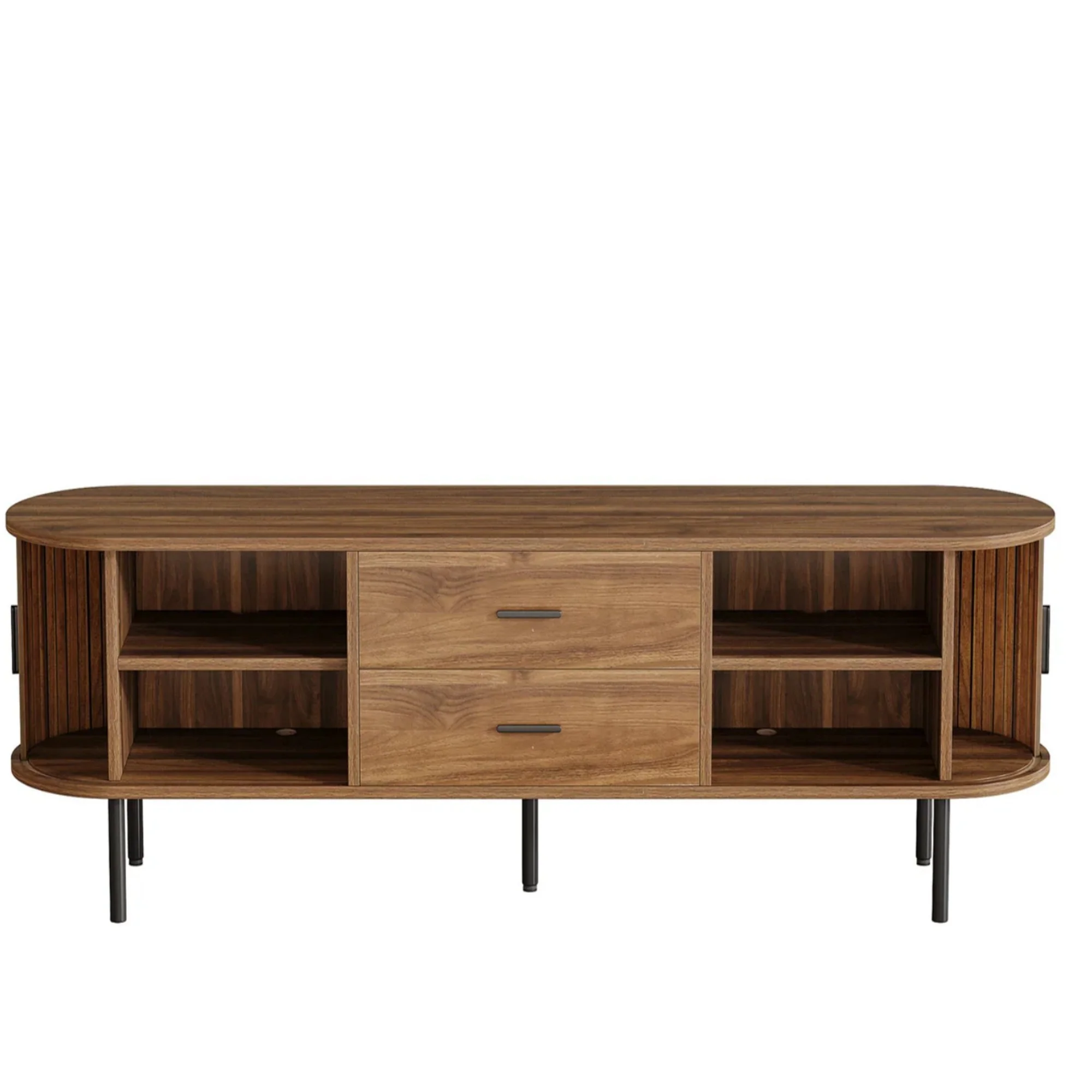 Mid-Century Modern Fluted TV Stand with Tambour Sliding Doors - Image 3
