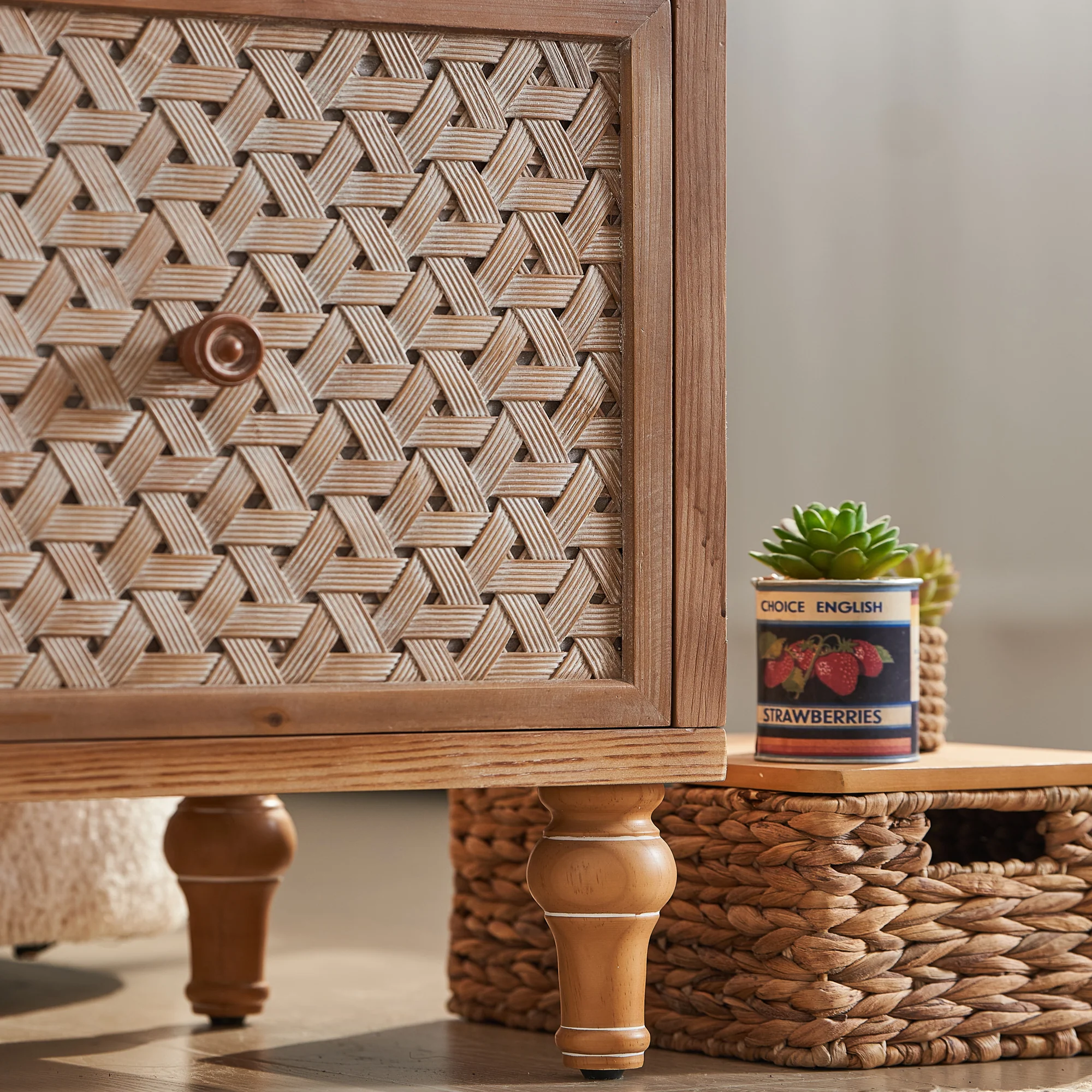 Mid-Century Modern Rattan Distressed TV Stand - Image 3