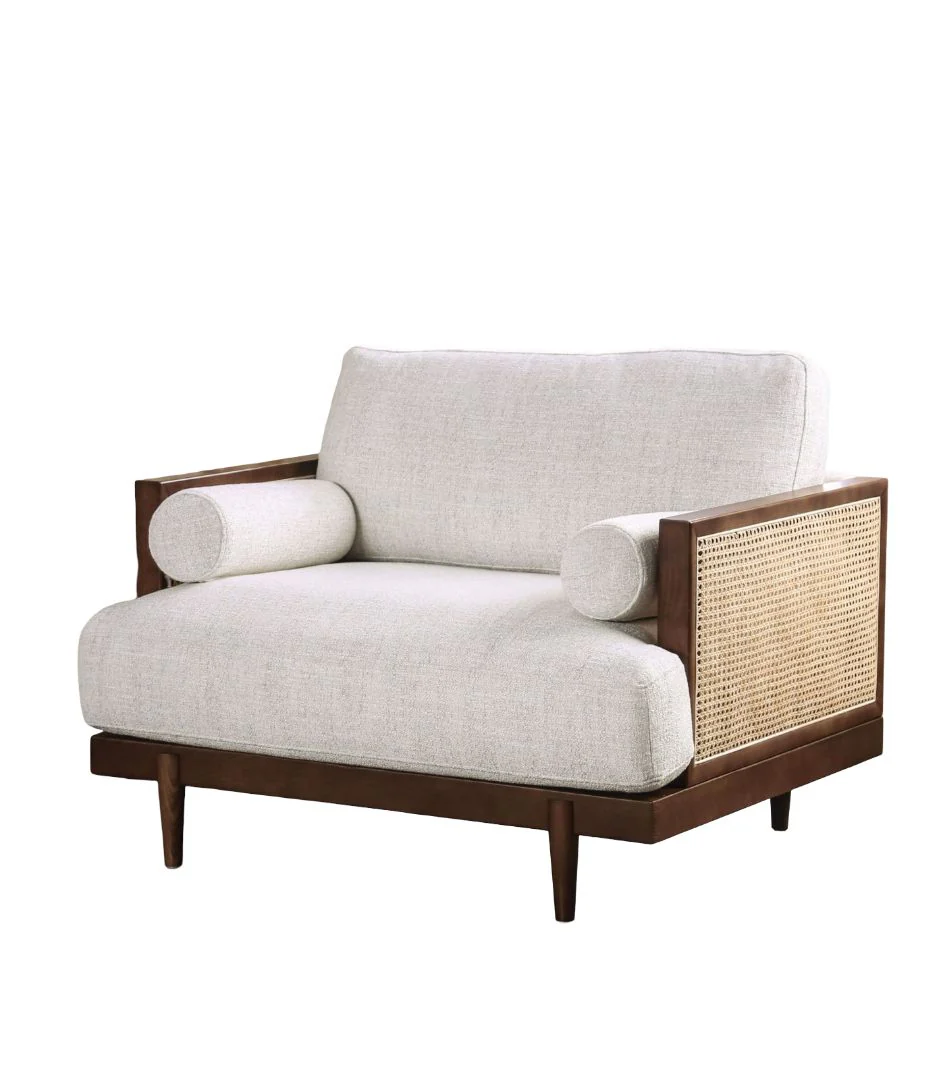 Mid-Century Modern Rattan & Wood Accent Chair with Side Bolster Pillows - Image 10