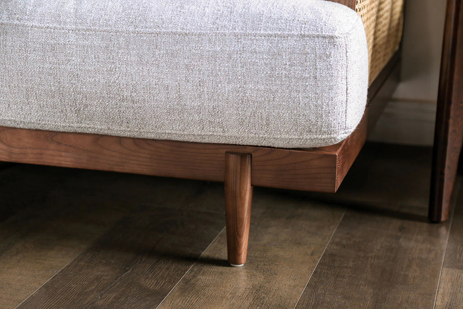 Mid-Century Modern Rattan & Wood Accent Chair with Side Bolster Pillows - Image 14