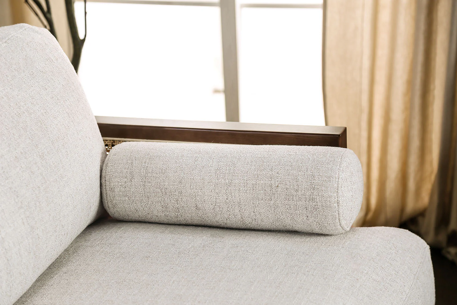 Mid-Century Modern Rattan & Wood Accent Chair with Side Bolster Pillows - Image 15