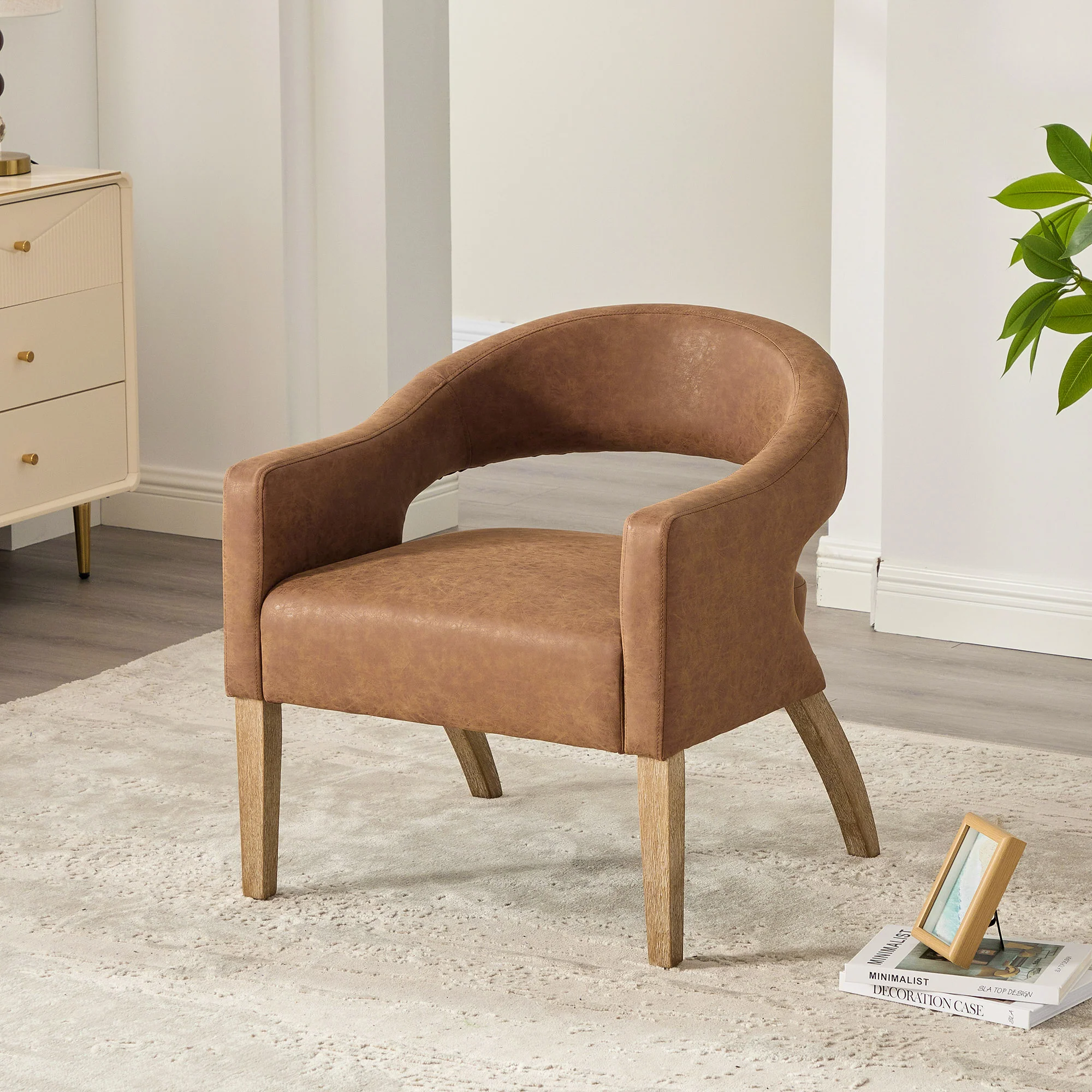 Mid-Century Modern Vegan Leather Open Back Accent Chair with Rubberwood Legs - Image 11