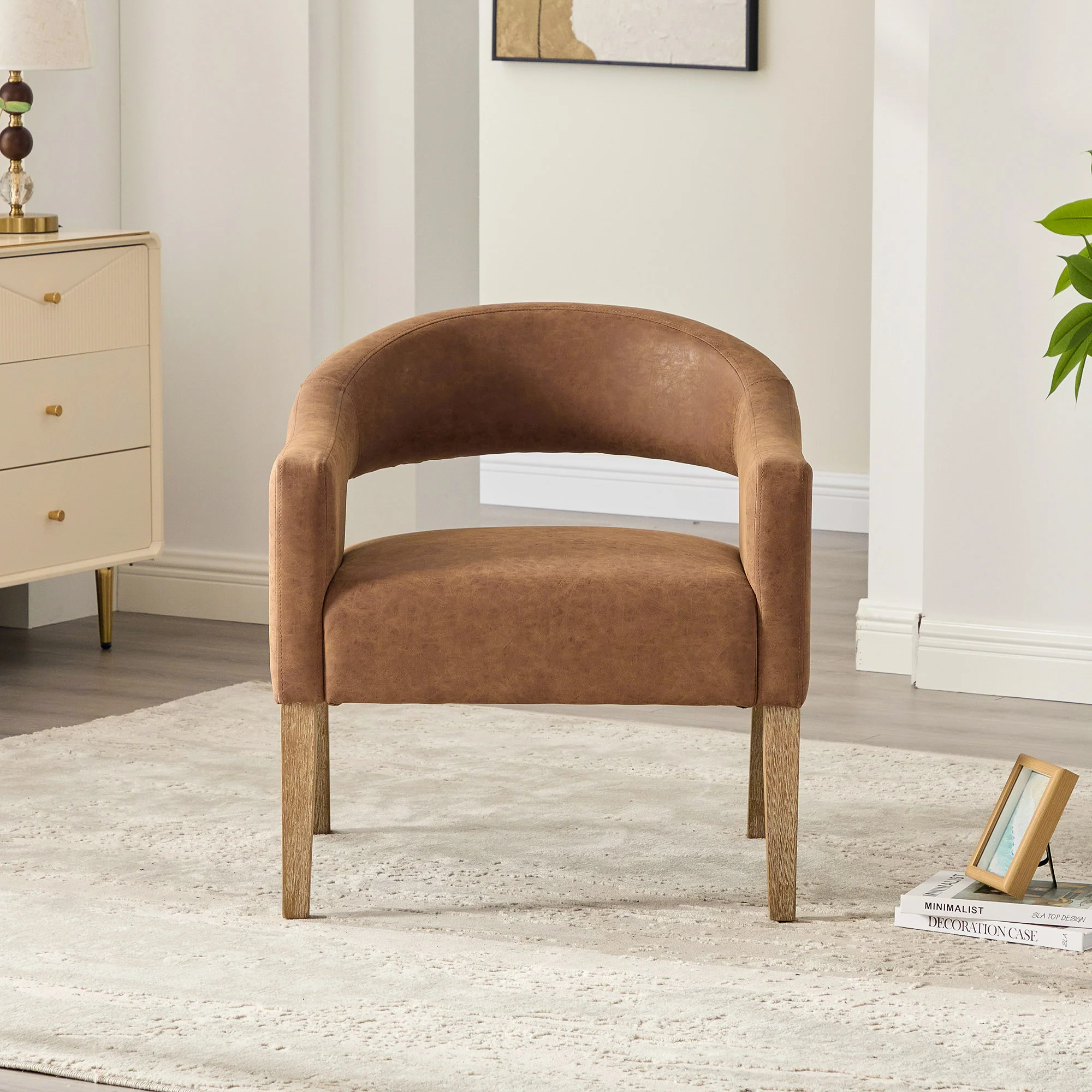 Mid-Century Modern Vegan Leather Open Back Accent Chair with Rubberwood Legs - Image 12