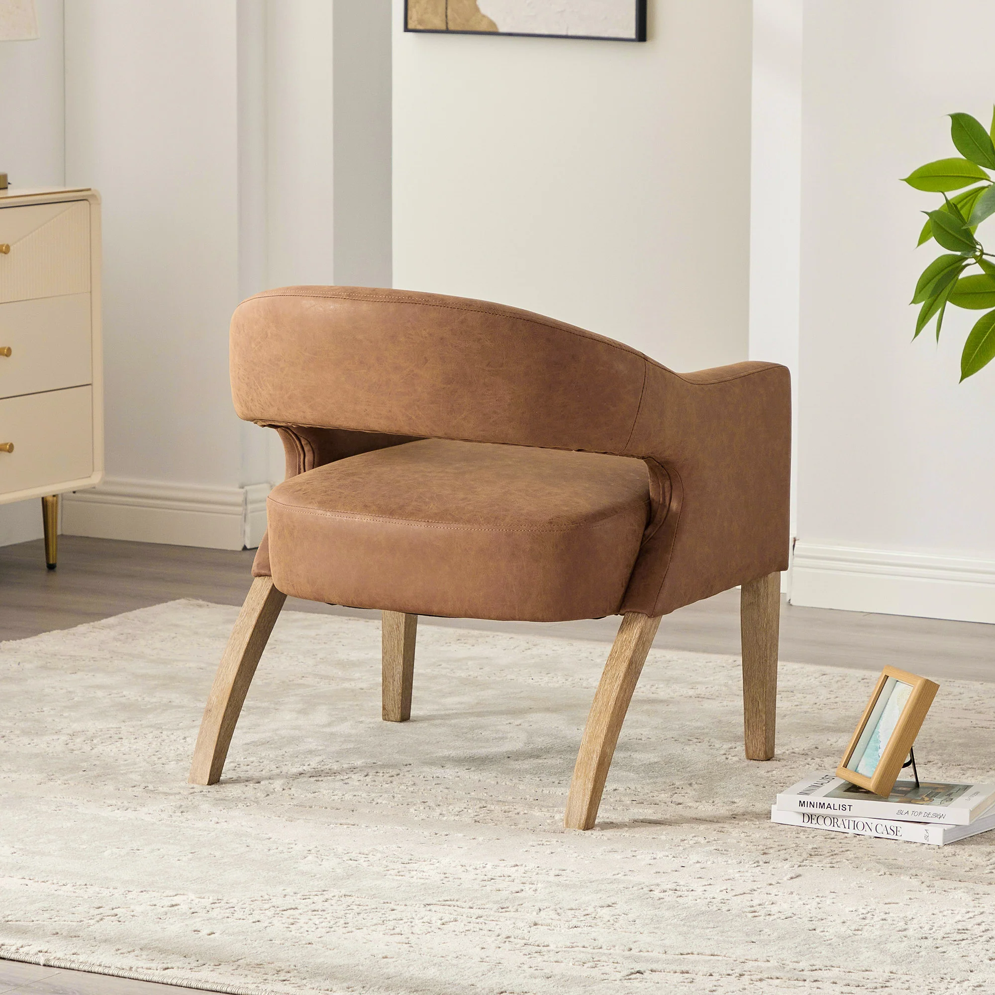 Mid-Century Modern Vegan Leather Open Back Accent Chair with Rubberwood Legs - Image 16