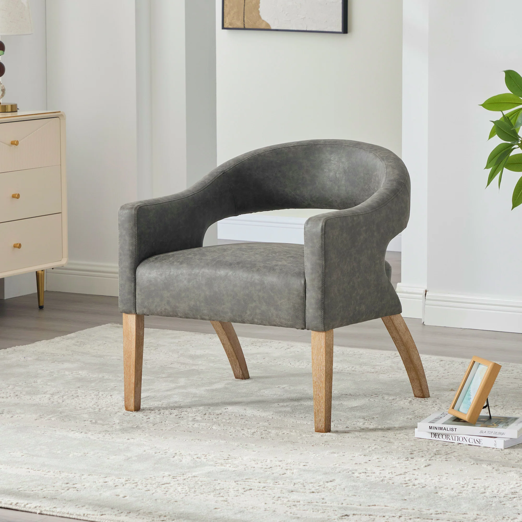 Mid-Century Modern Vegan Leather Open Back Accent Chair with Rubberwood Legs - Image 20