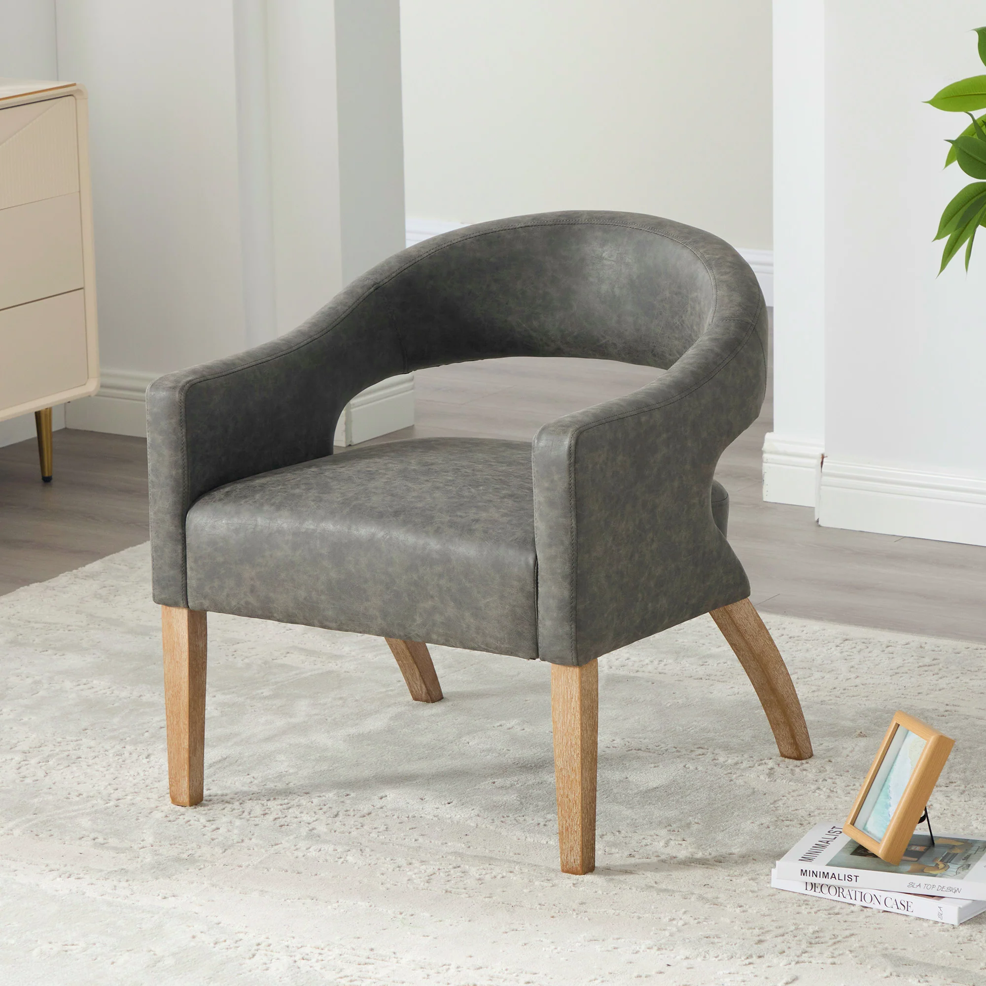 Mid-Century Modern Vegan Leather Open Back Accent Chair with Rubberwood Legs - Image 22