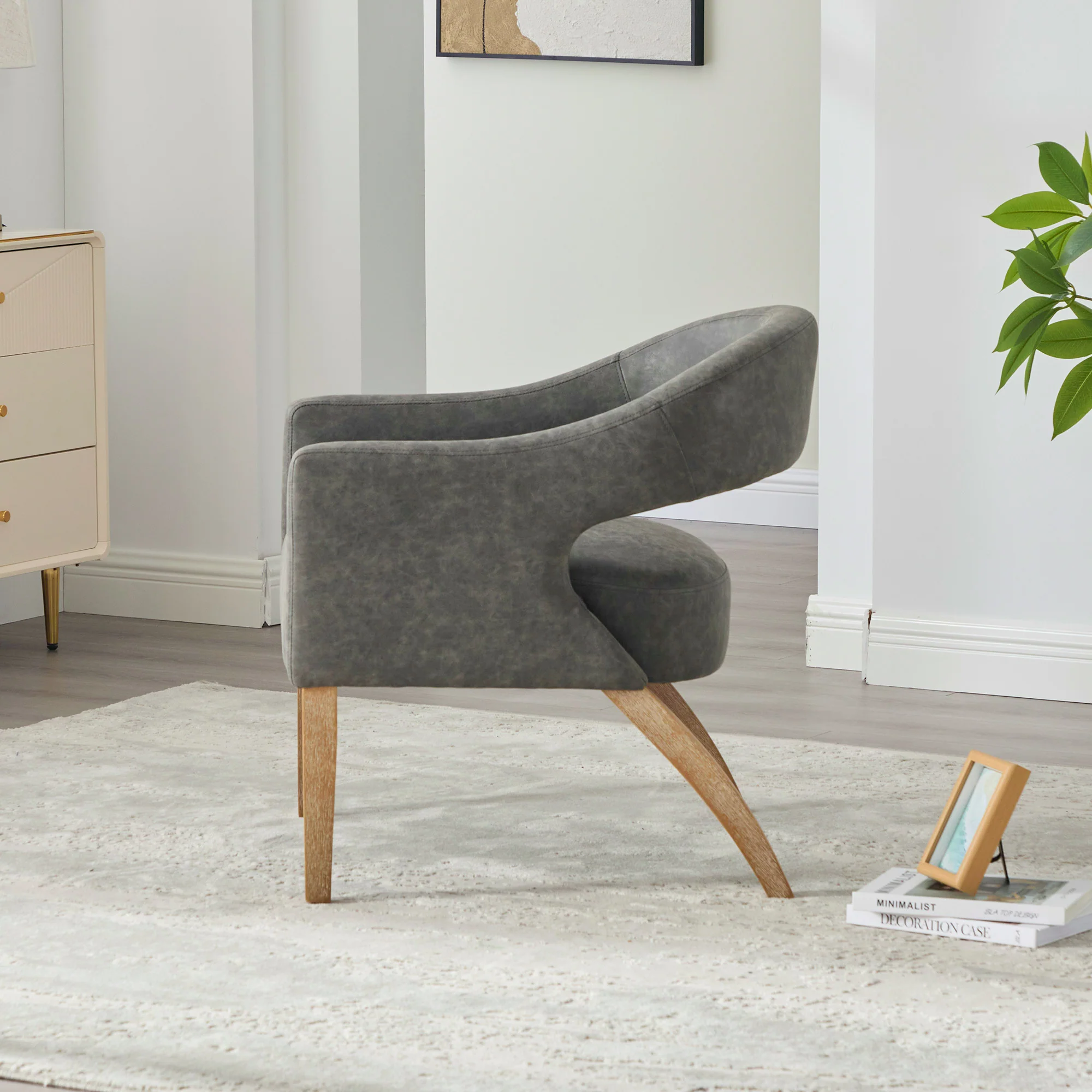 Mid-Century Modern Vegan Leather Open Back Accent Chair with Rubberwood Legs - Image 23