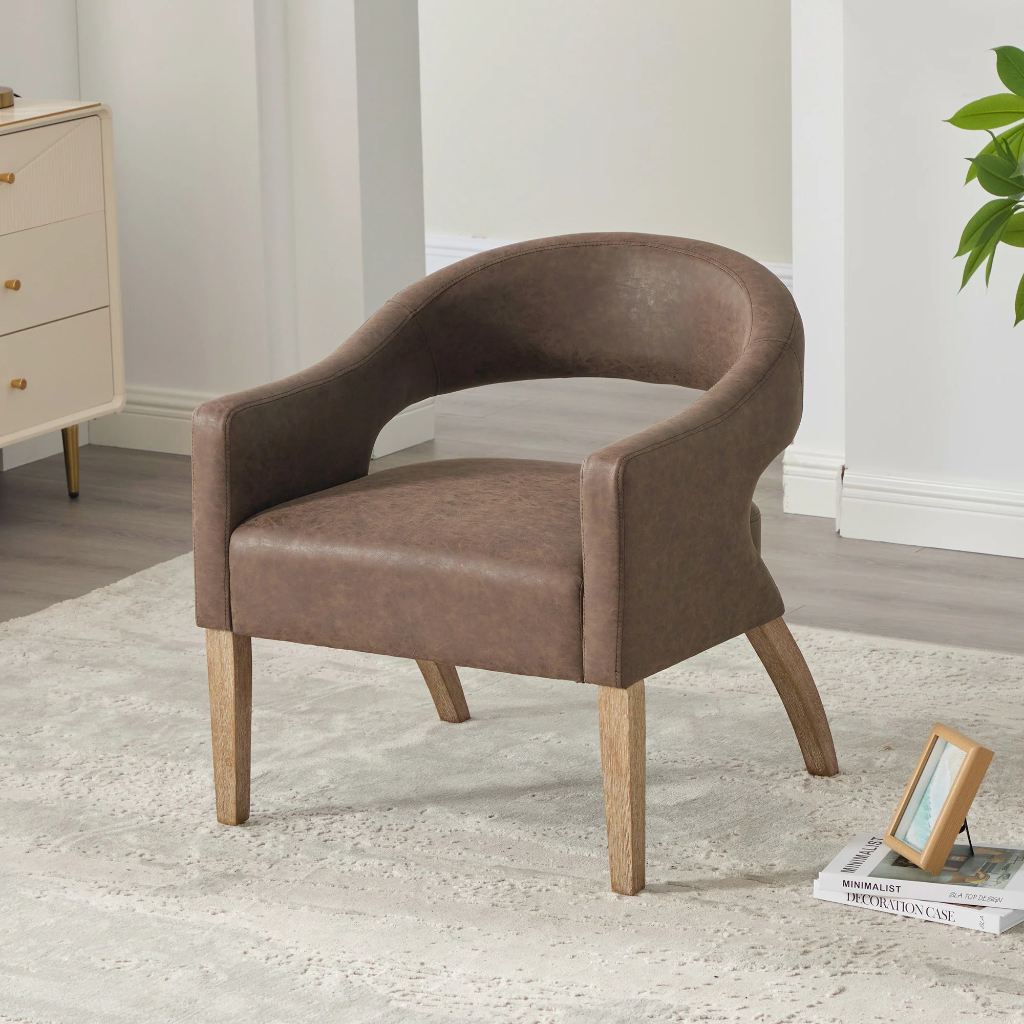 Mid-Century Modern Vegan Leather Open Back Accent Chair with Rubberwood Legs - Image 5