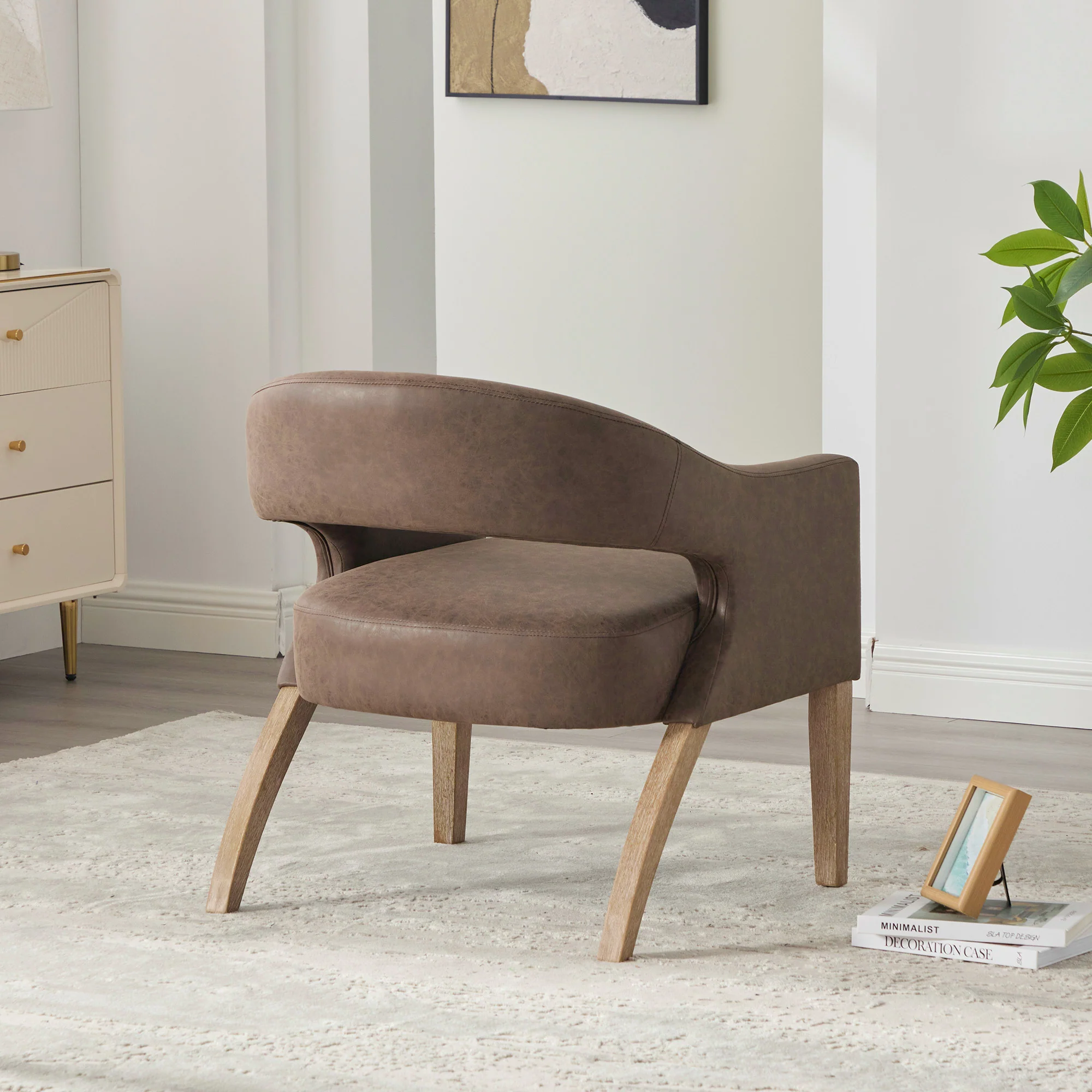 Mid-Century Modern Vegan Leather Open Back Accent Chair with Rubberwood Legs - Image 7
