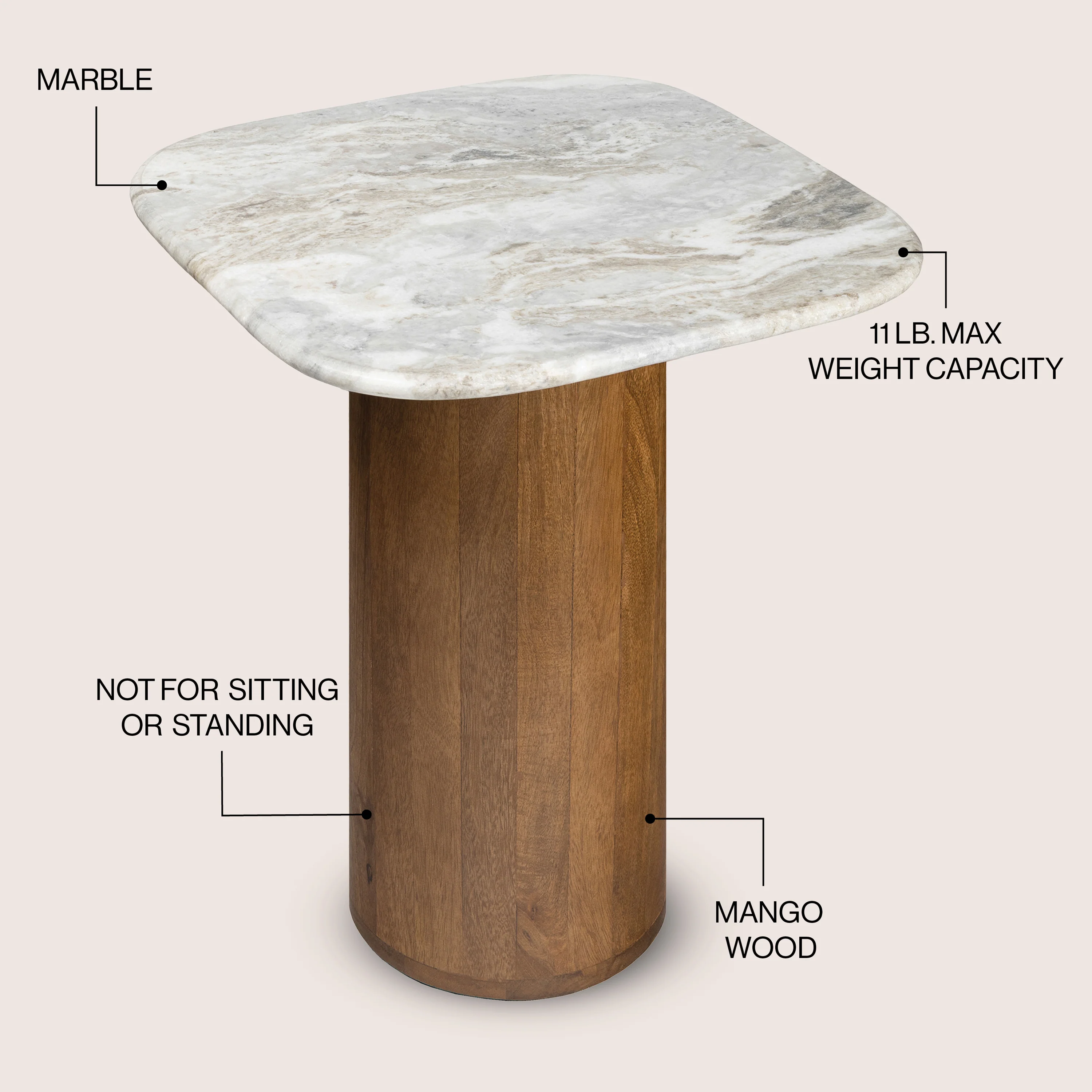 Milos 18" Rustic Minimalist Square Marble/Wood Accent Table - Image 3