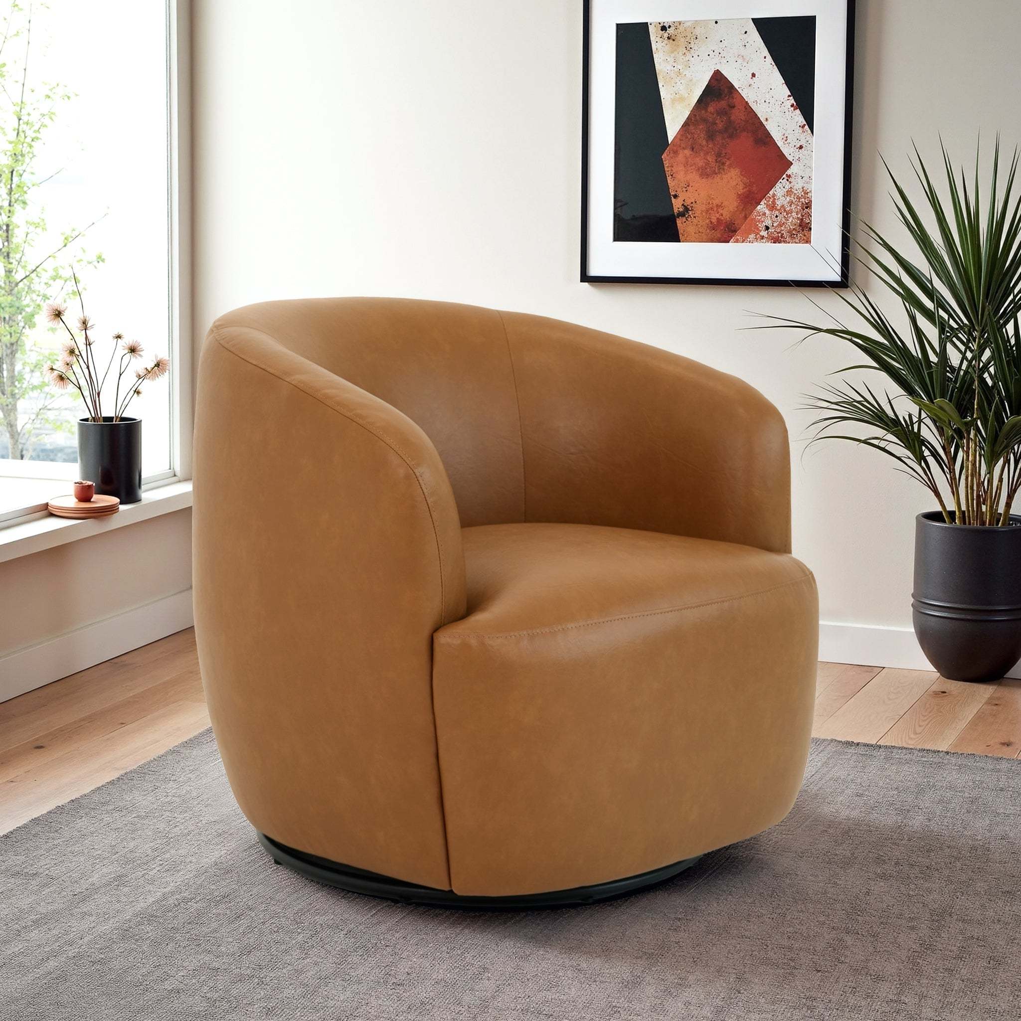 Mina Tan Vegan Leather Upholstered Swivel Barrel Chair - Image 4