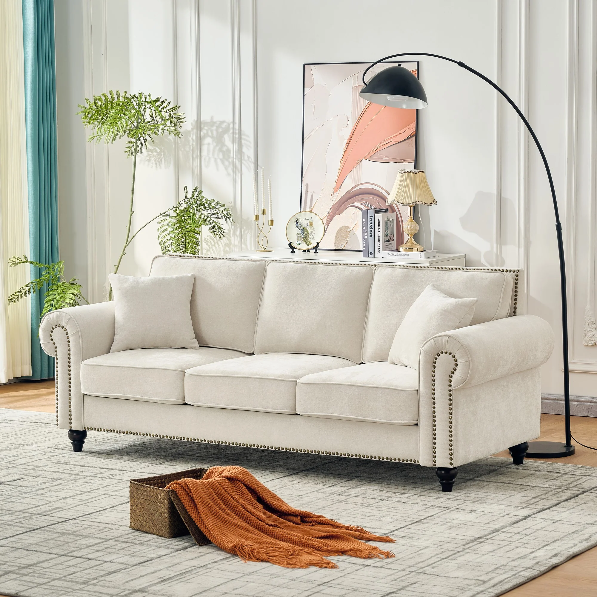 Modern 86" 3-Seater Sofa with Tufted Upholstery, Rolled Arms, and Nailhead Trim - Image 2