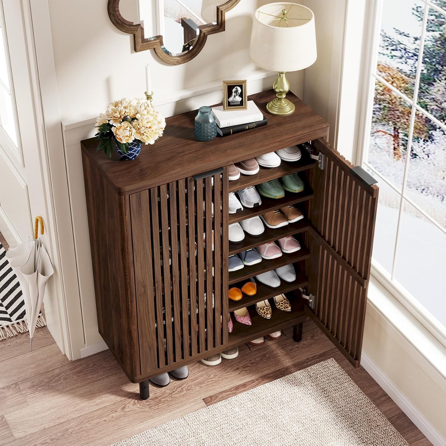 Modern Black Wooden 6-Tier Shoe Cabinet with Louvered Doors - Image 16