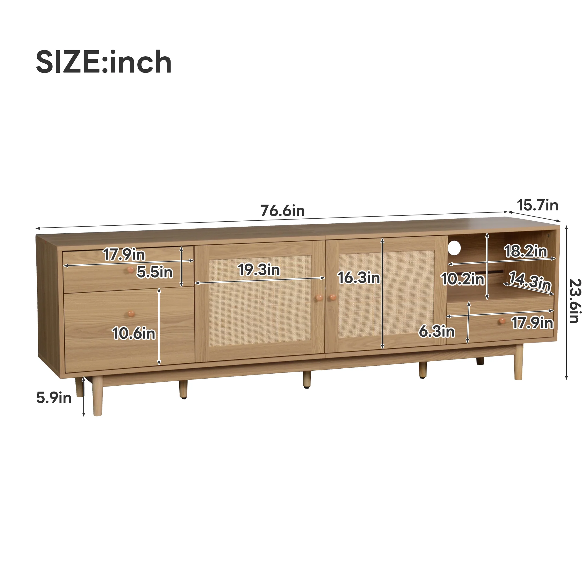 Modern Boho TV Stand with Rattan Doors - Image 4