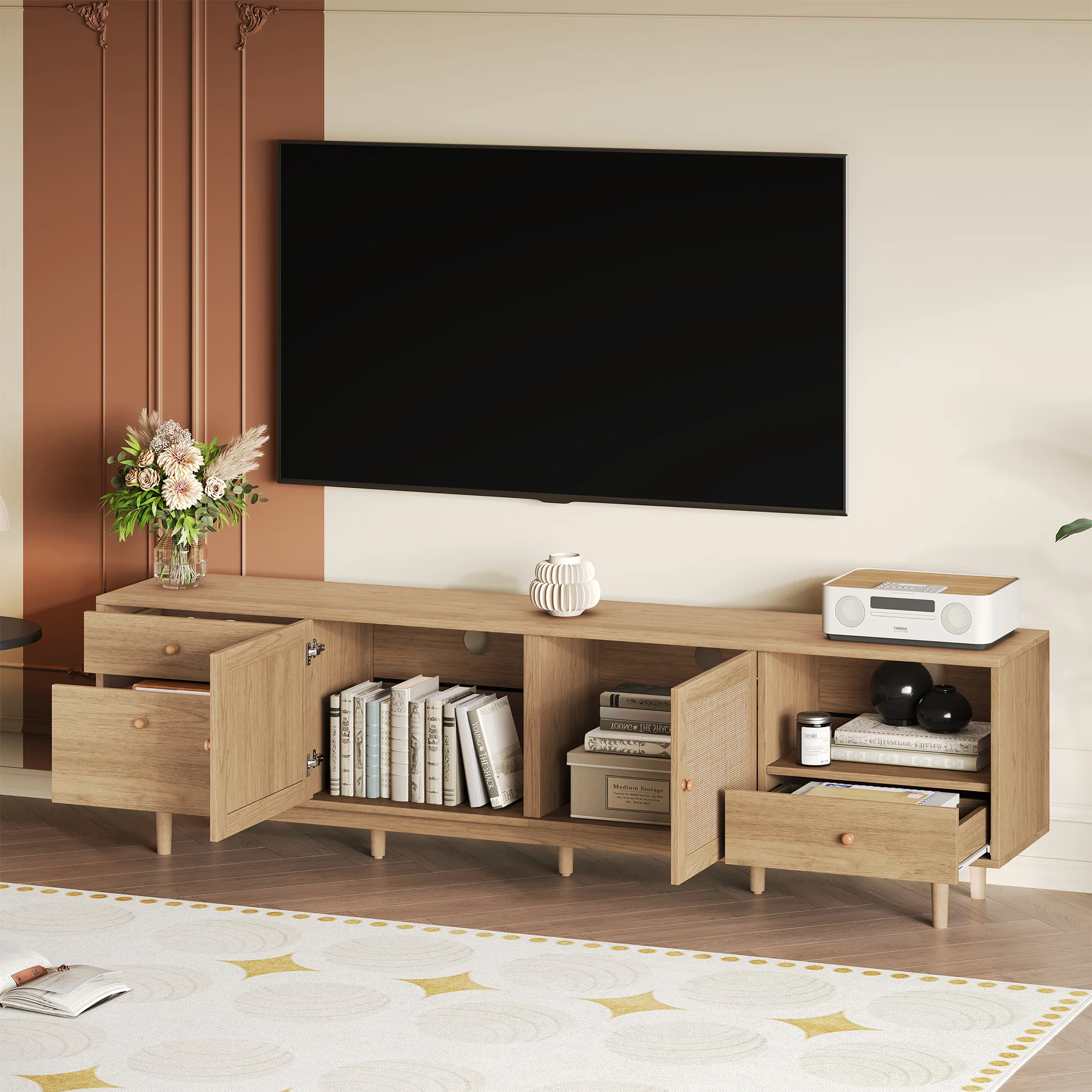 Modern Boho TV Stand with Rattan Doors - Image 5