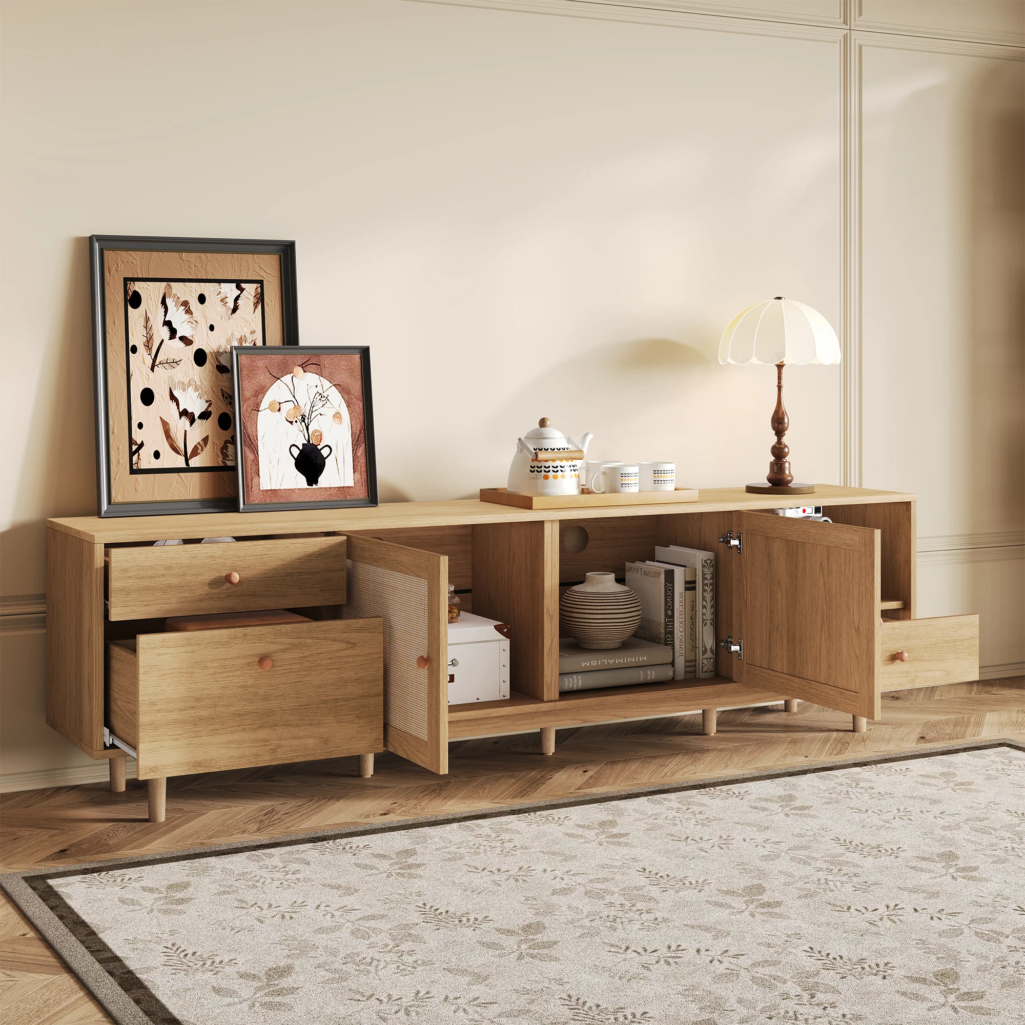 Modern Boho TV Stand with Rattan Doors - Image 7