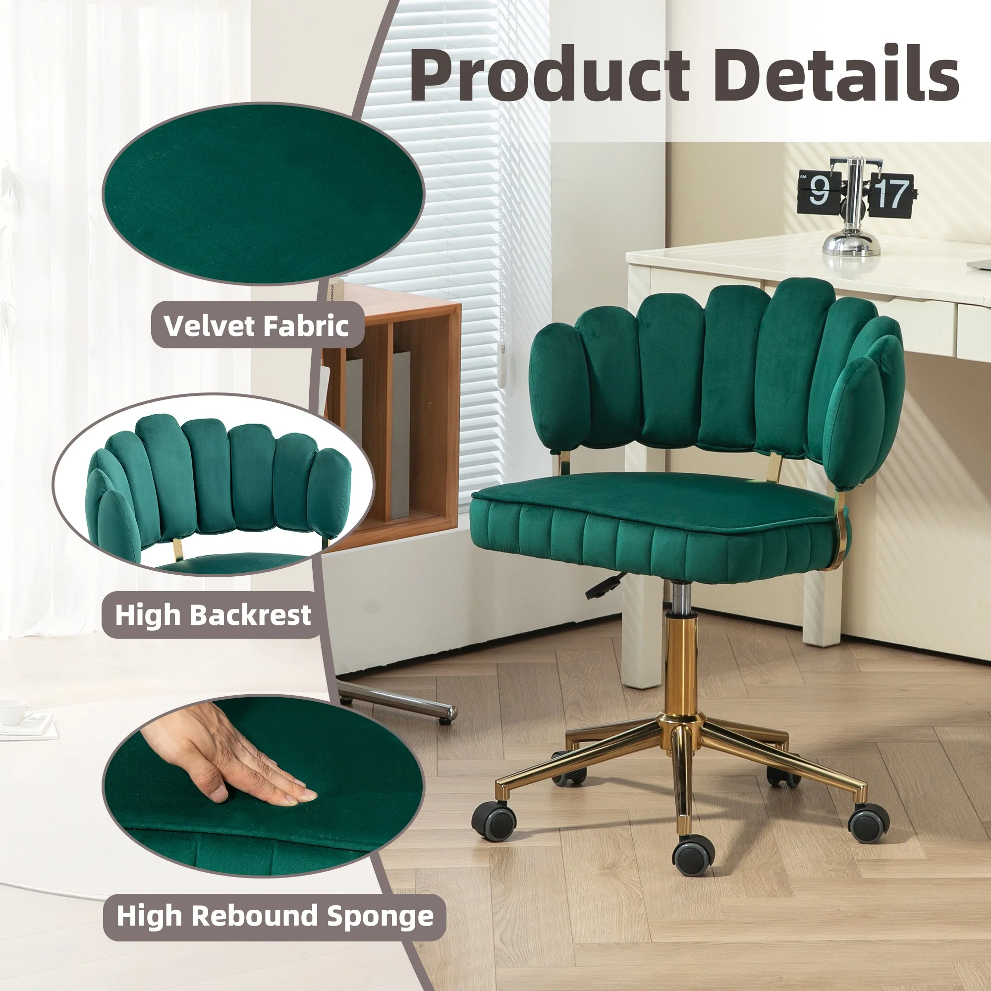 Modern Velvet Home Office Desk Chair with Adjustable Height and Swivel Wheels - Image 32