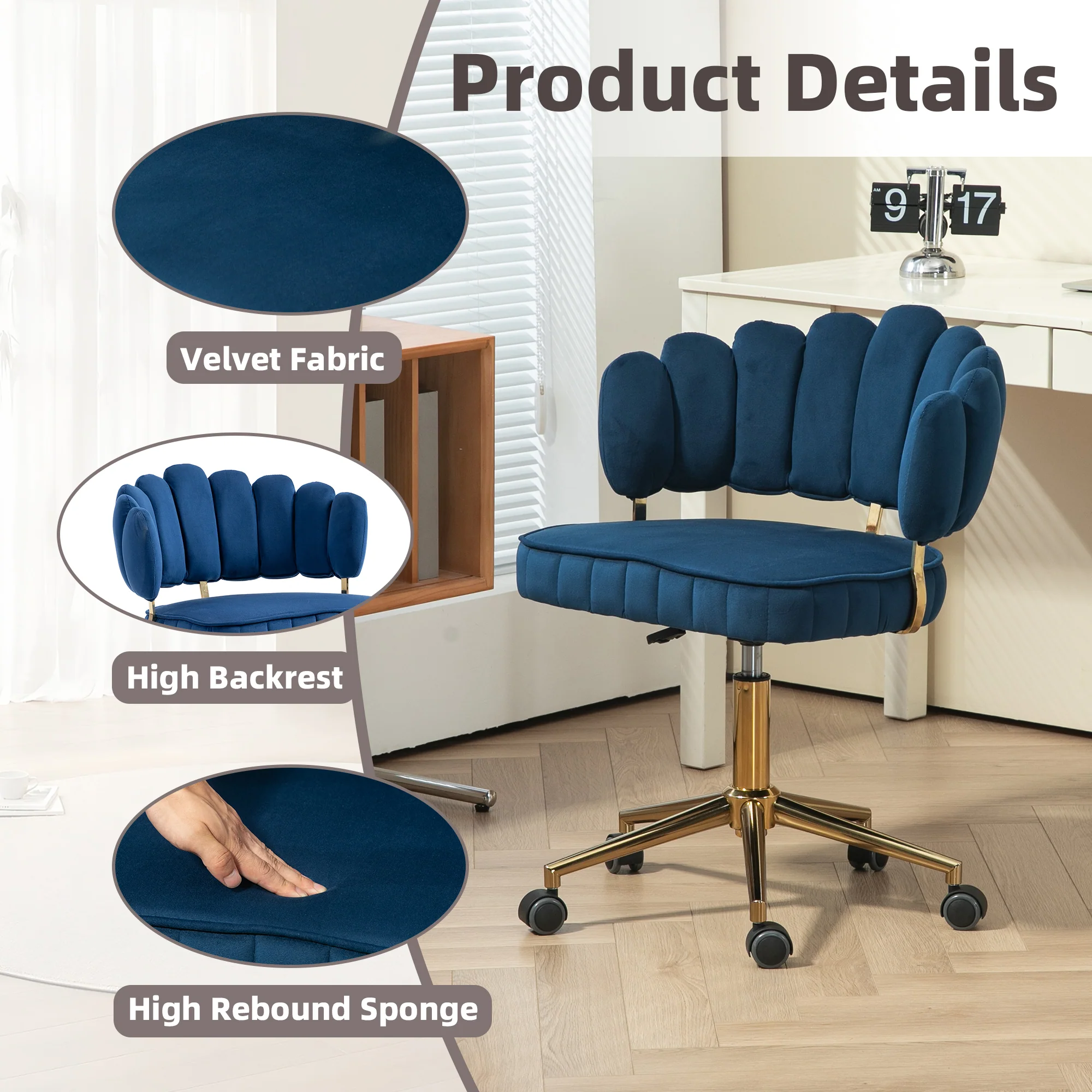 Modern Velvet Home Office Desk Chair with Adjustable Height and Swivel Wheels - Image 5
