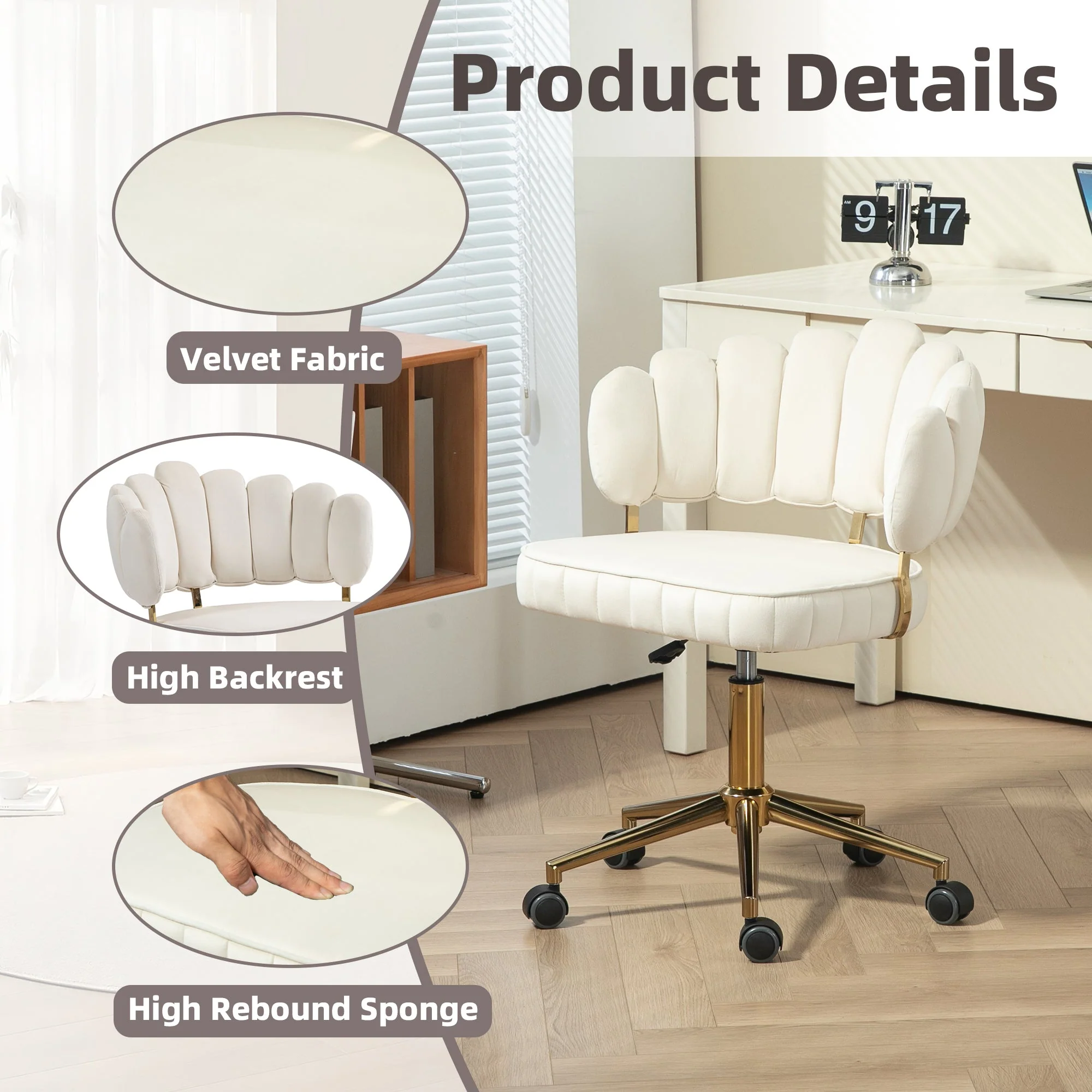 Modern Velvet Home Office Desk Chair with Adjustable Height and Swivel Wheels - Image 52