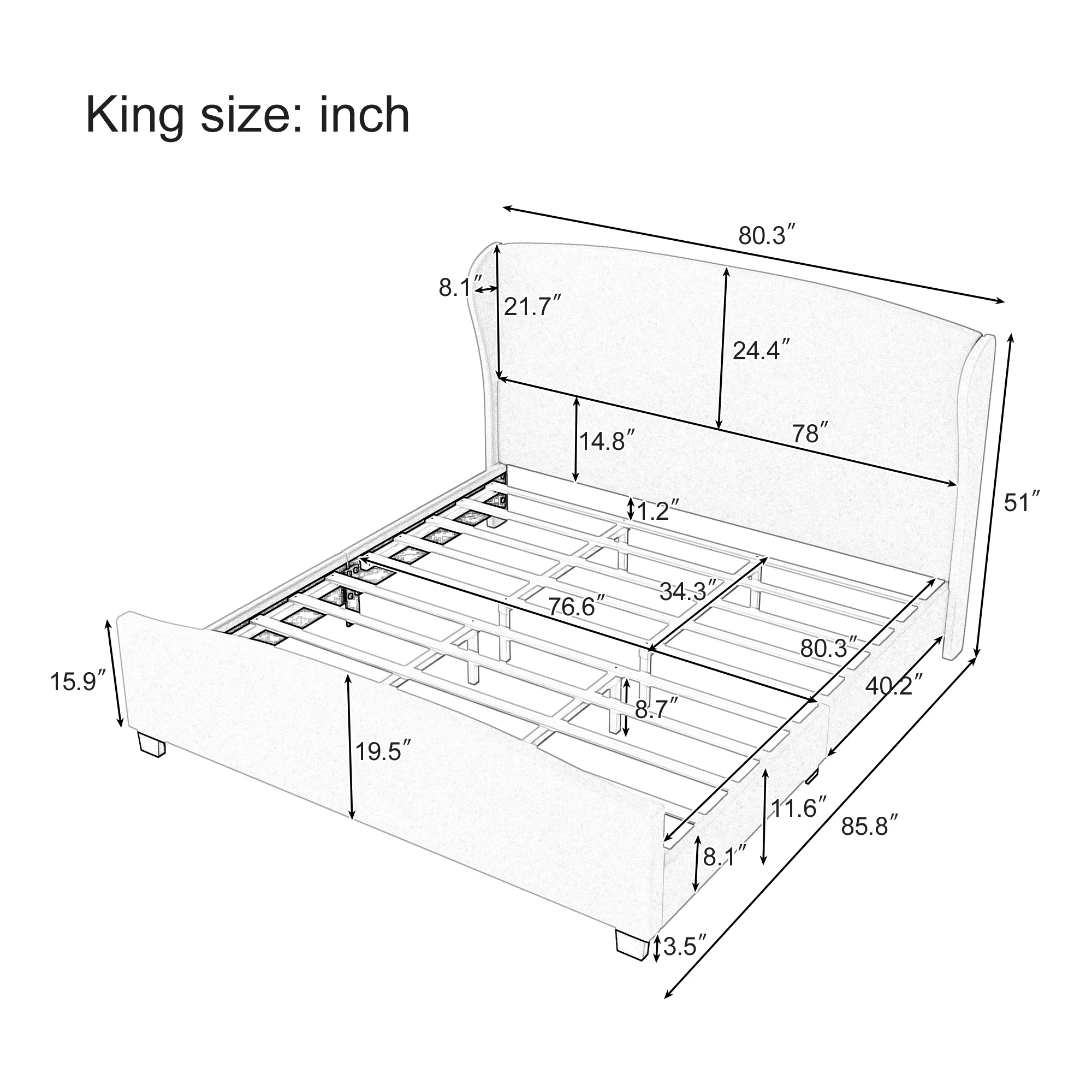 Modern Wingback Linen Upholstered Bed - Image 8