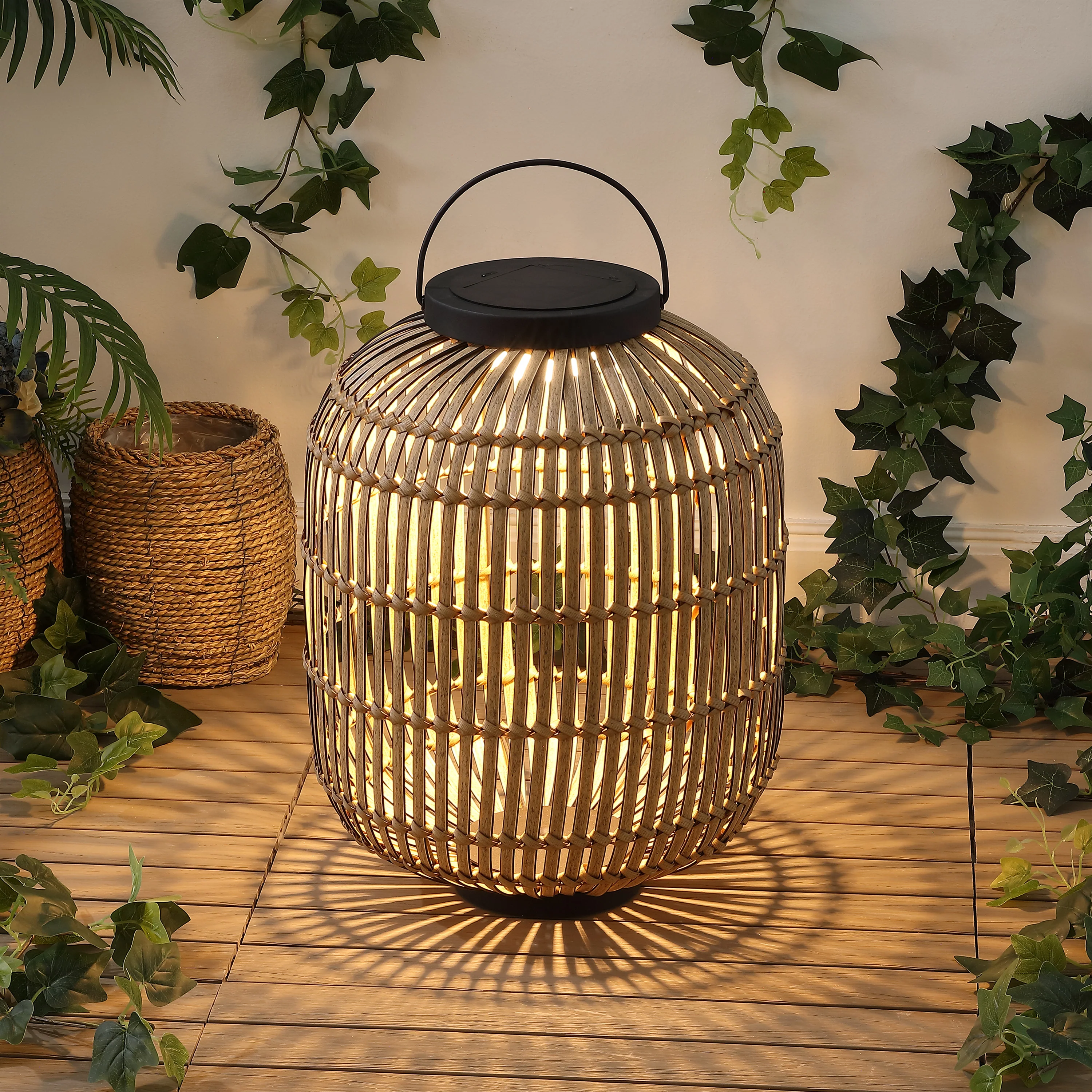 Nara 20.5" Modern Global Faux Rattan Integrated Indoor/Outdoor LED Solar Powered Lantern - Image 8