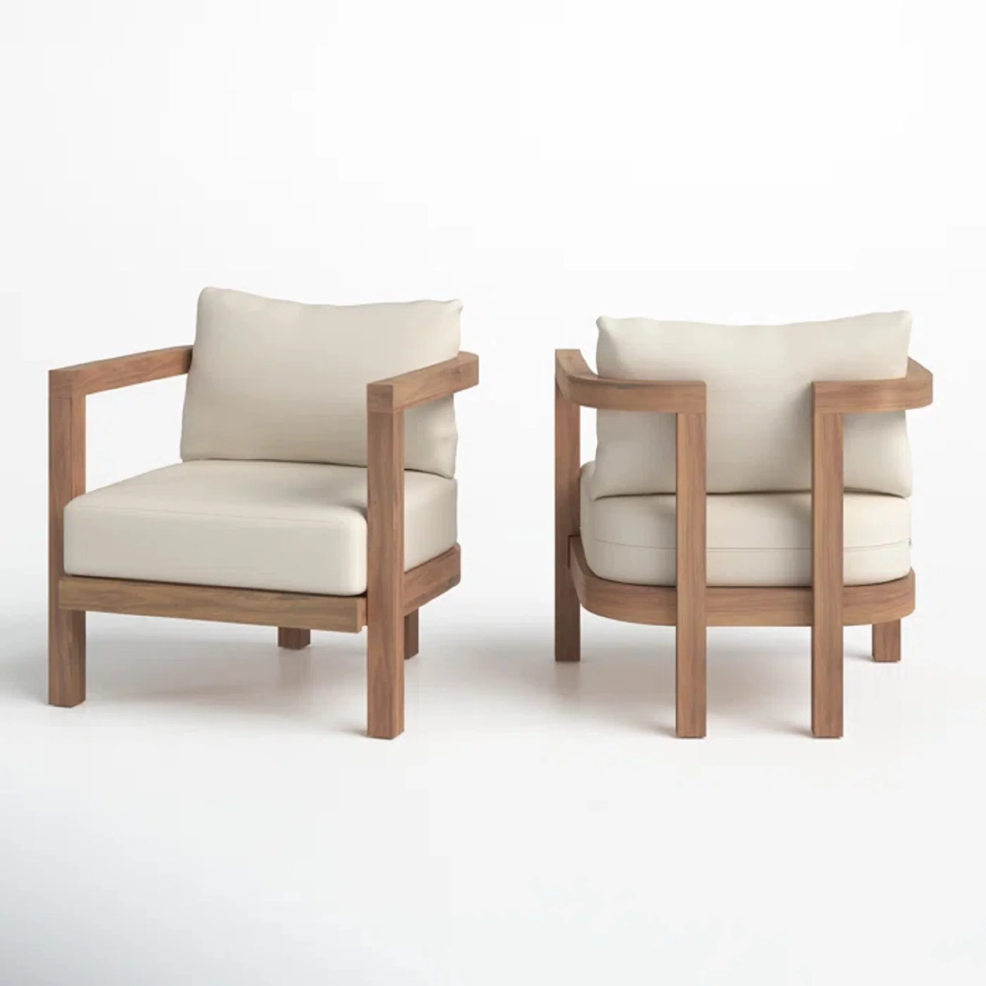 Outdoor Acacia Wood Club Chair with Padded Seat and Back Cushions, Set of 2