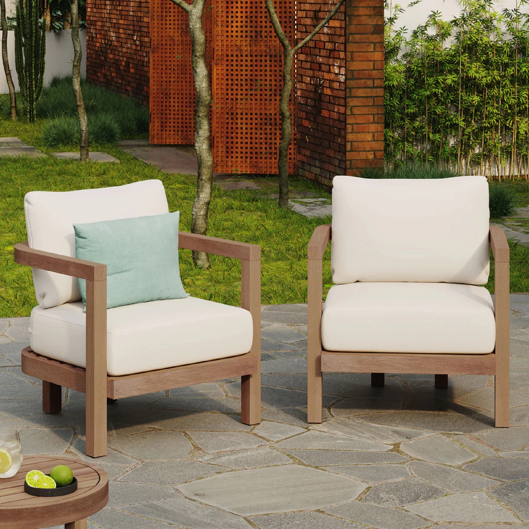Outdoor Acacia Wood Club Chair with Padded Seat and Back Cushions, Set of 2 - Image 2