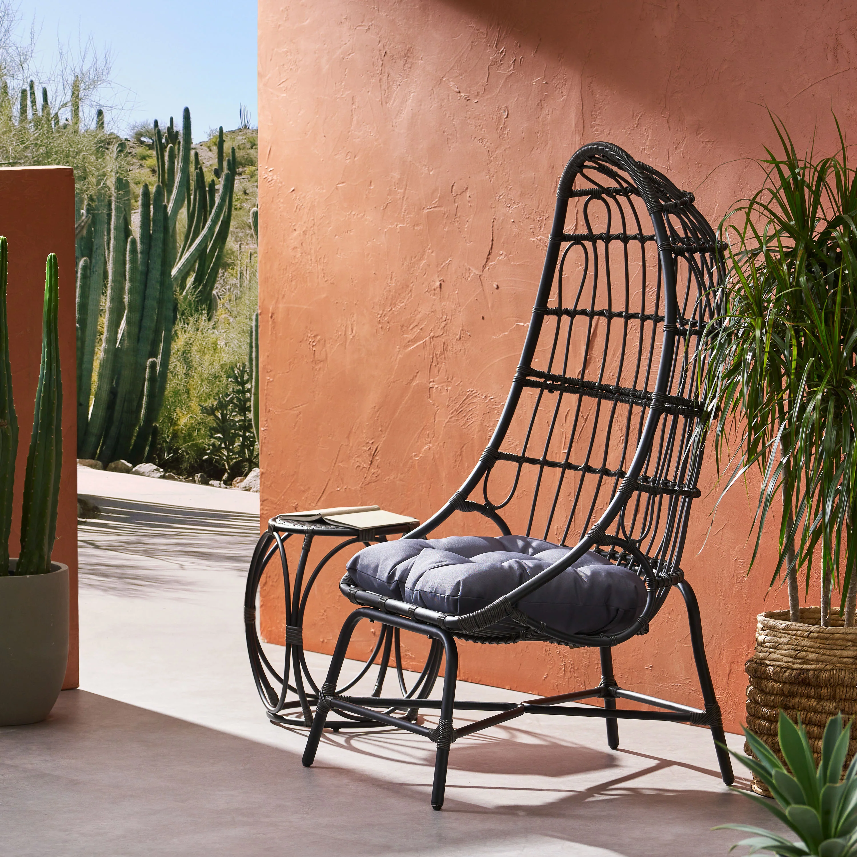 Outdoor Basket Chair with Gridded Design and Metal Frame - Image 8