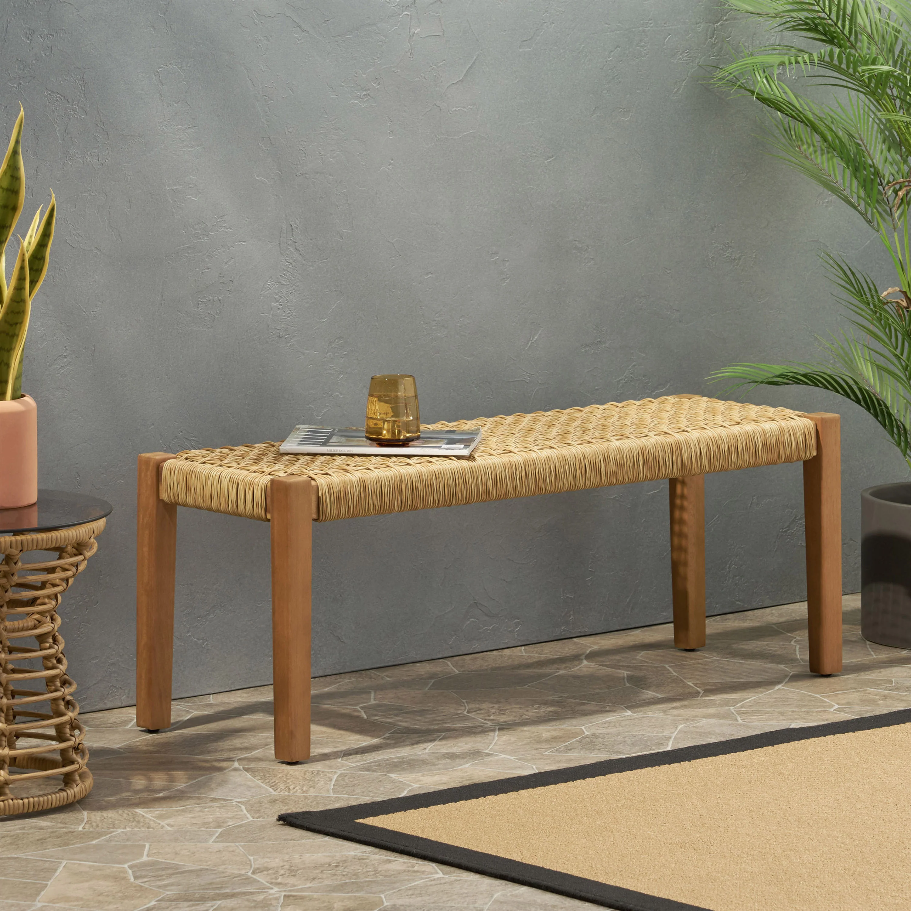 Outdoor Bench with Faux Rattan Seat and Wood Frame - Image 9