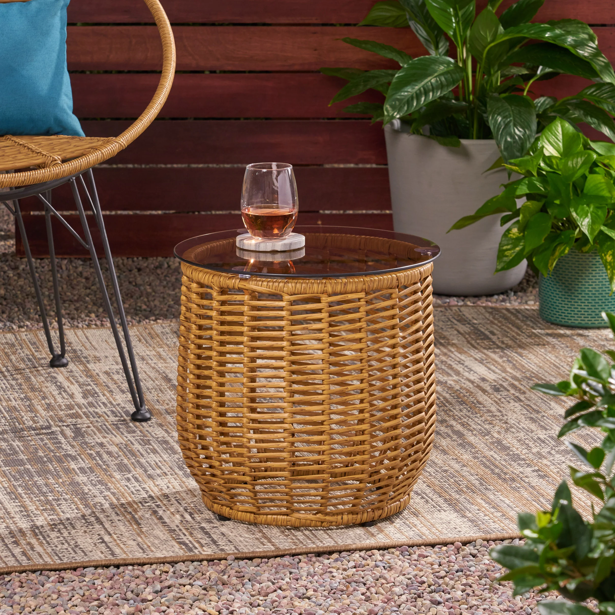 Outdoor Rattan Side Table with Tempered Glass Top and Metal Frame - Image 8