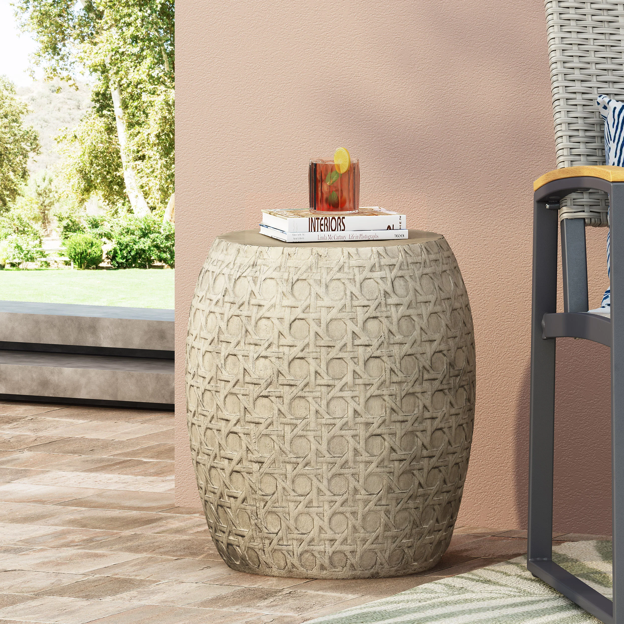 Outdoor Side Table with Barrel Structure and Intricate Cane Wicker Pattern - Image 9