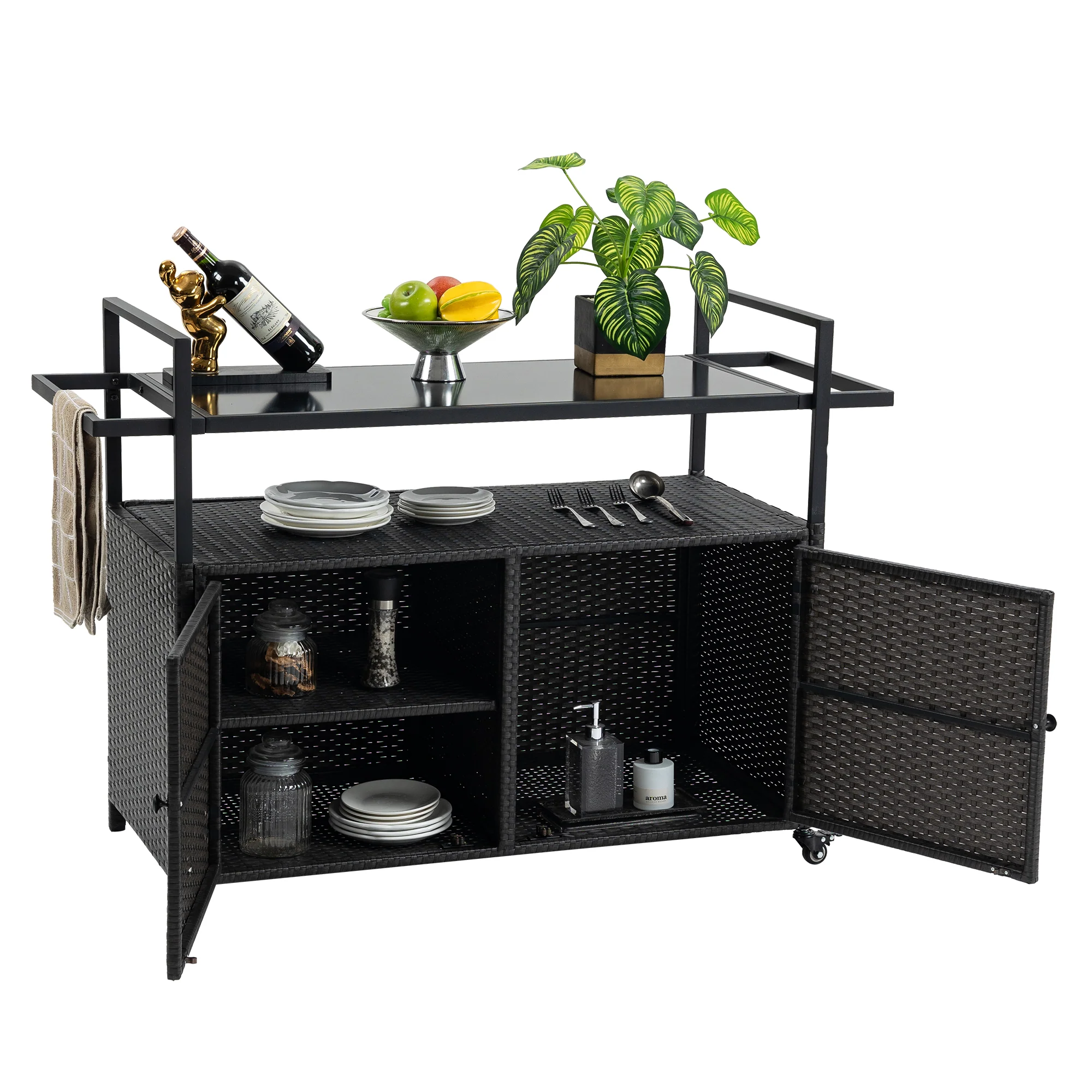 Outdoor Rolling Wicker Bar Cart with Glass Top - Image 25