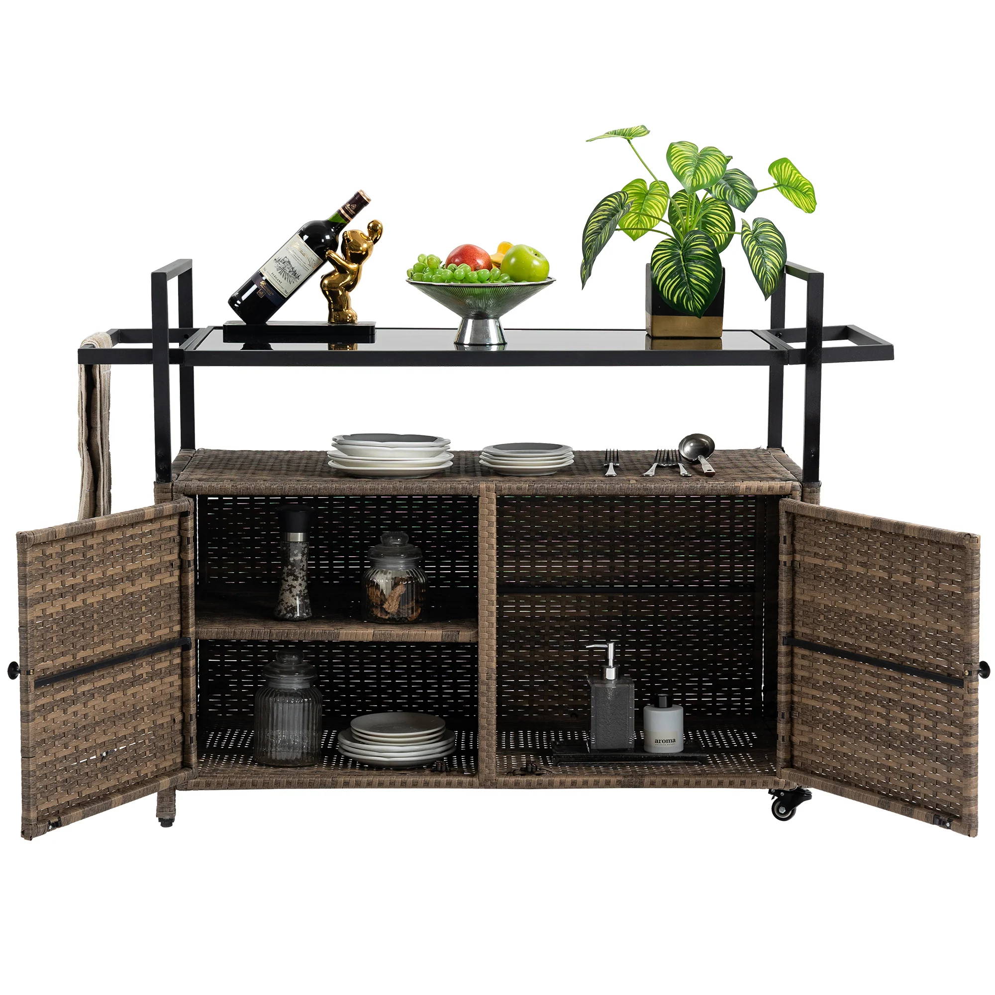 Outdoor Rolling Wicker Bar Cart with Glass Top - Image 8