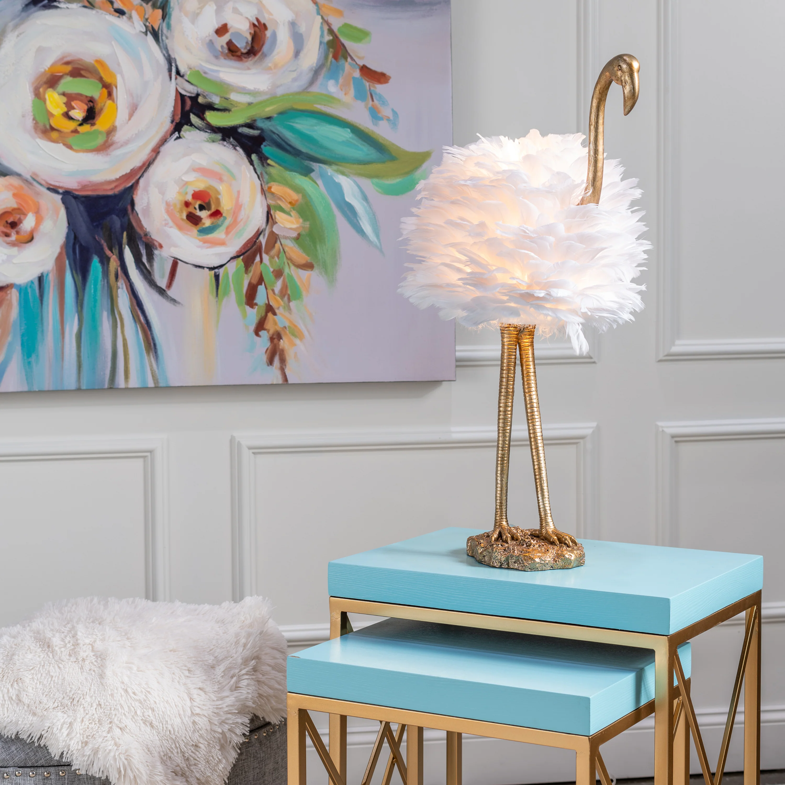 Polished Gold Flamingo Table Lamp With Feathered Shade - Image 2