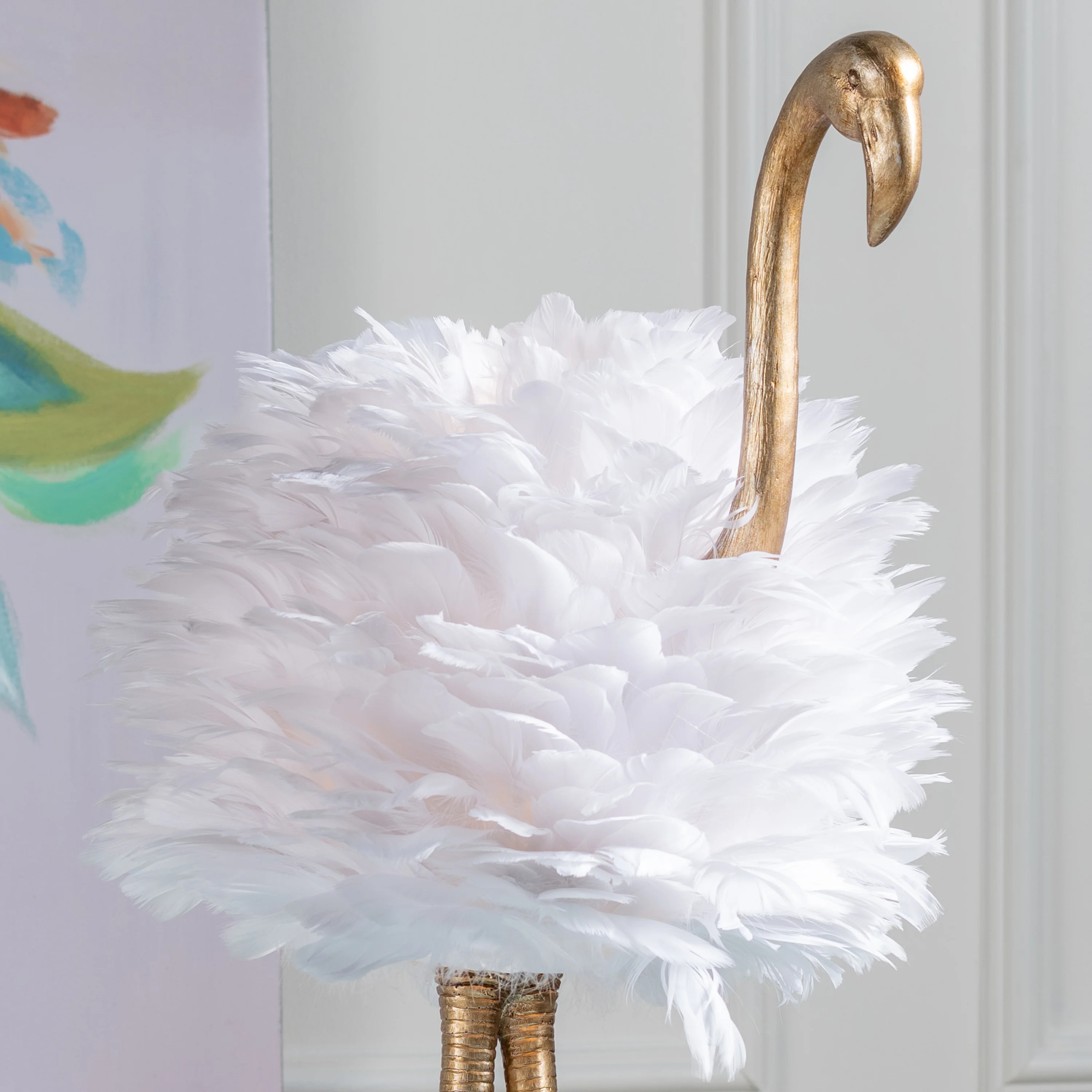 Polished Gold Flamingo Table Lamp With Feathered Shade - Image 4