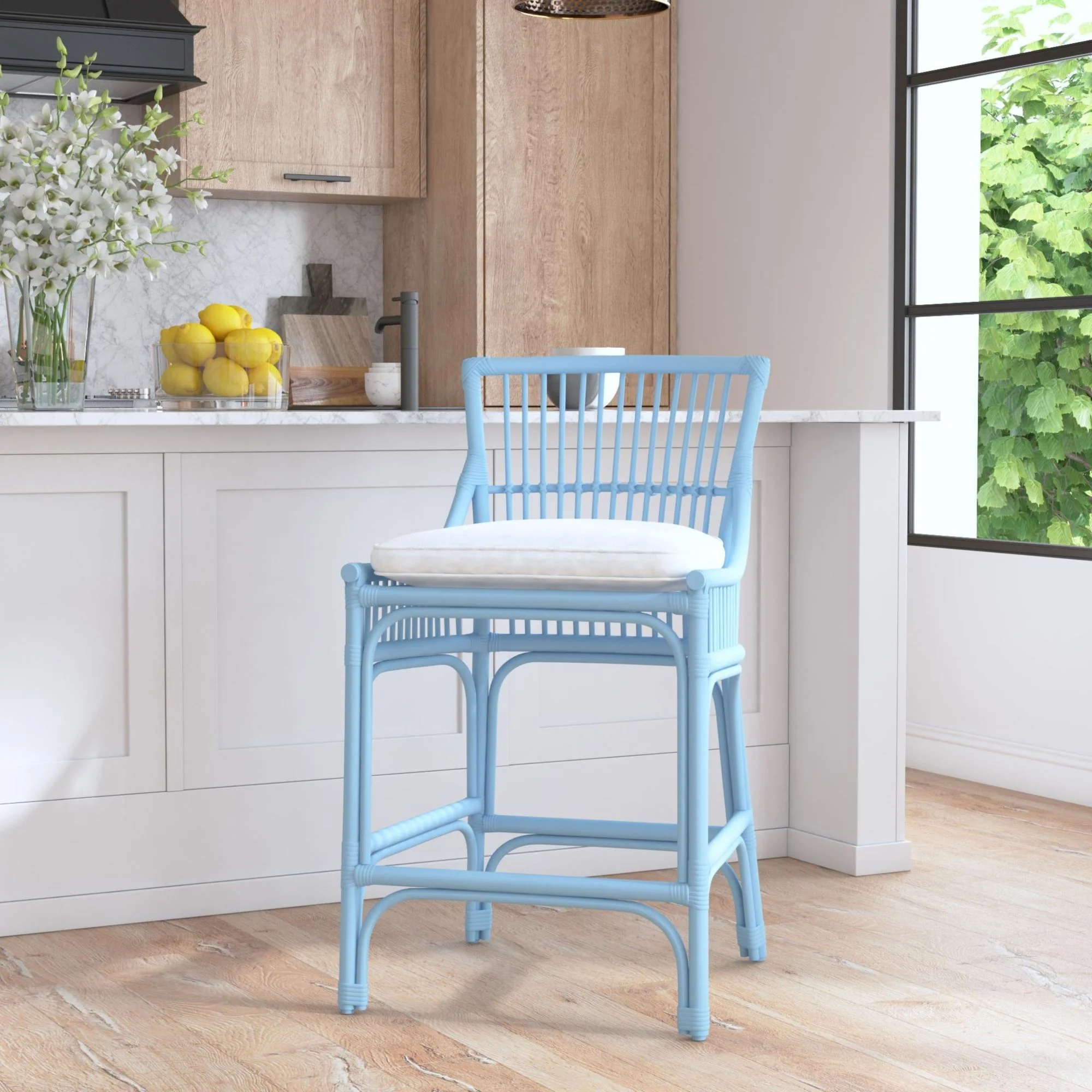 Rattan Slat Back Counter Stool Light blue - Image 2