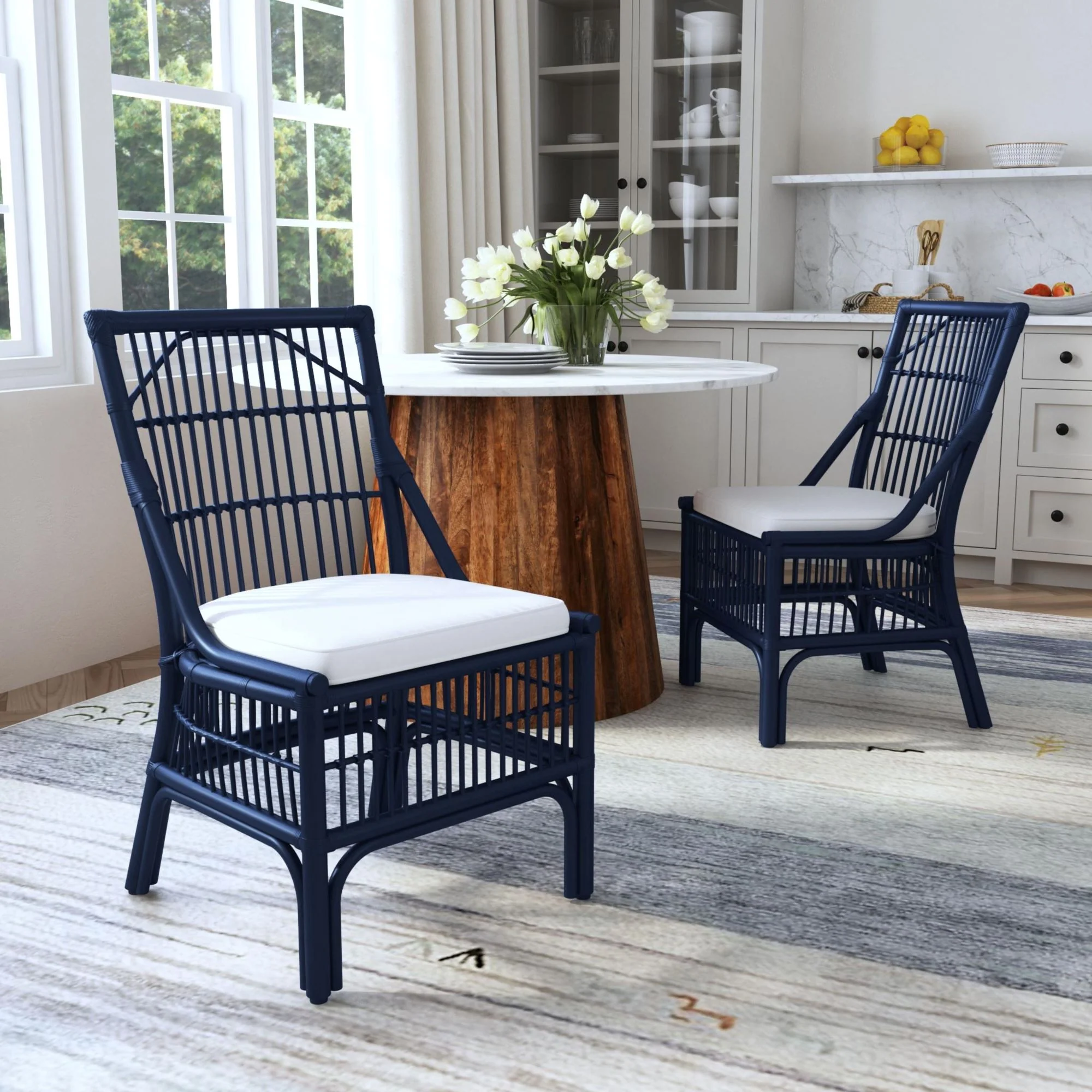 Rattan Slat Back Navy Dining Chair, Set of 2 - Image 2