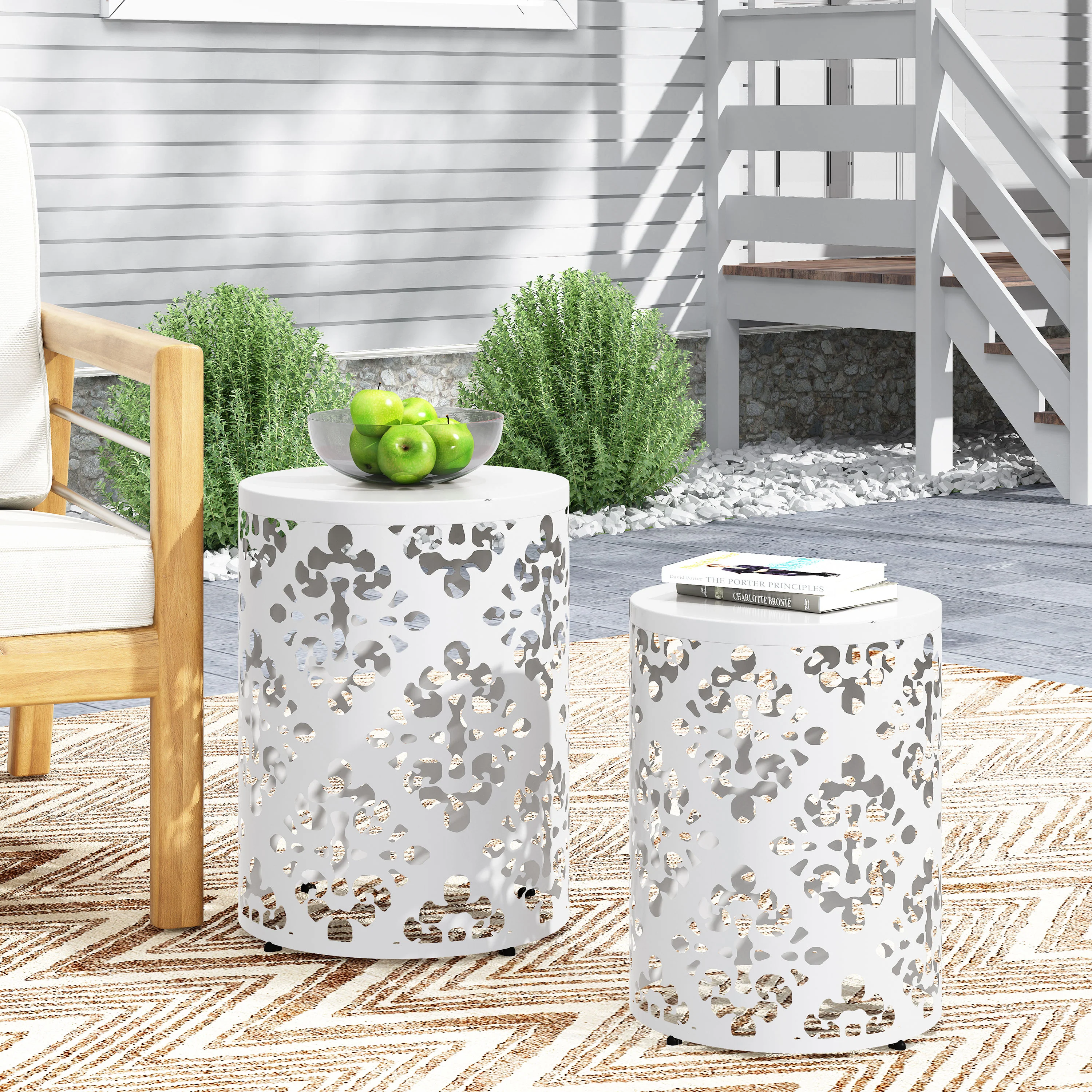 Refinery 2-Piece Outdoor End Table Set with Floral Patten and Iron Cut Design - Image 29