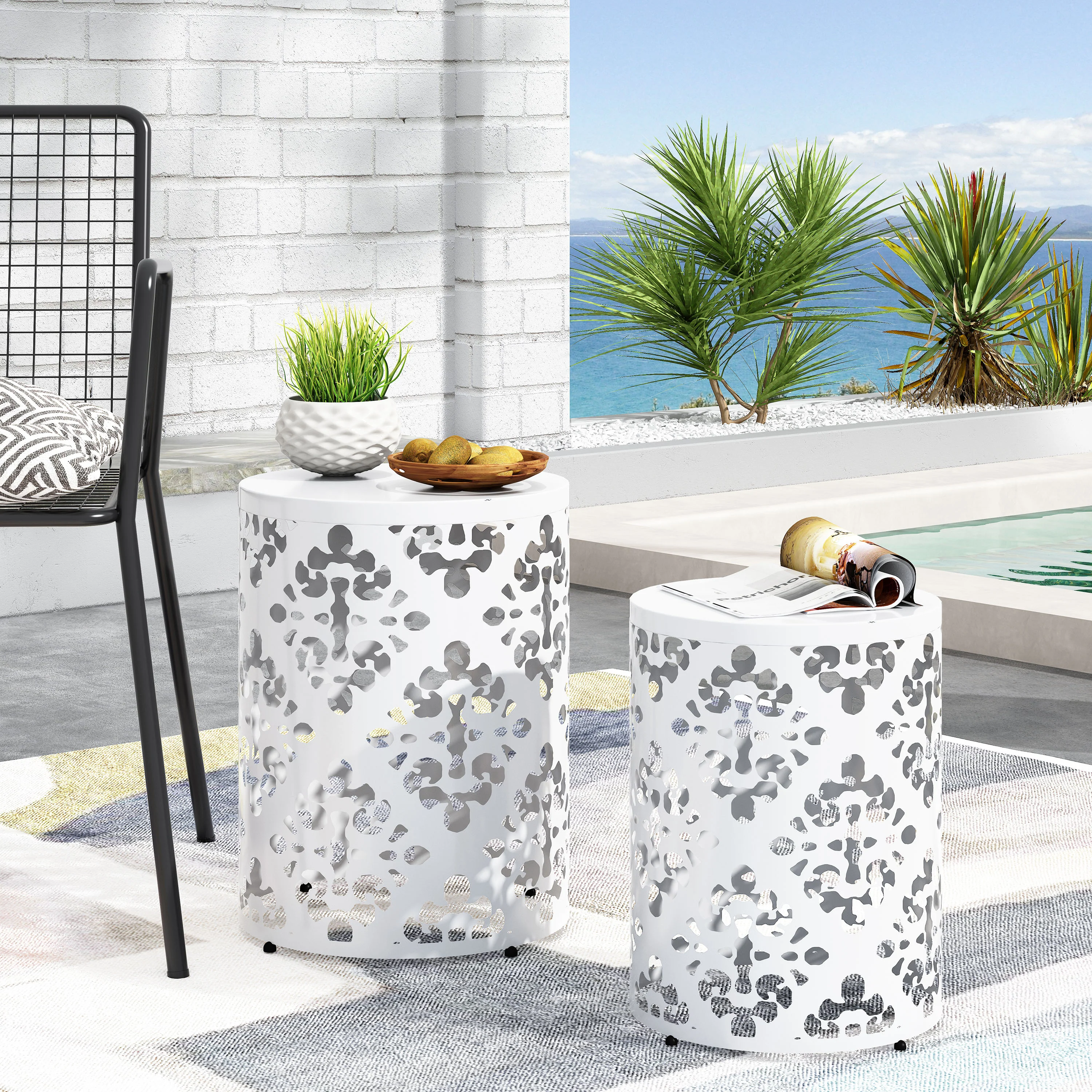 Refinery 2-Piece Outdoor End Table Set with Floral Patten and Iron Cut Design - Image 4
