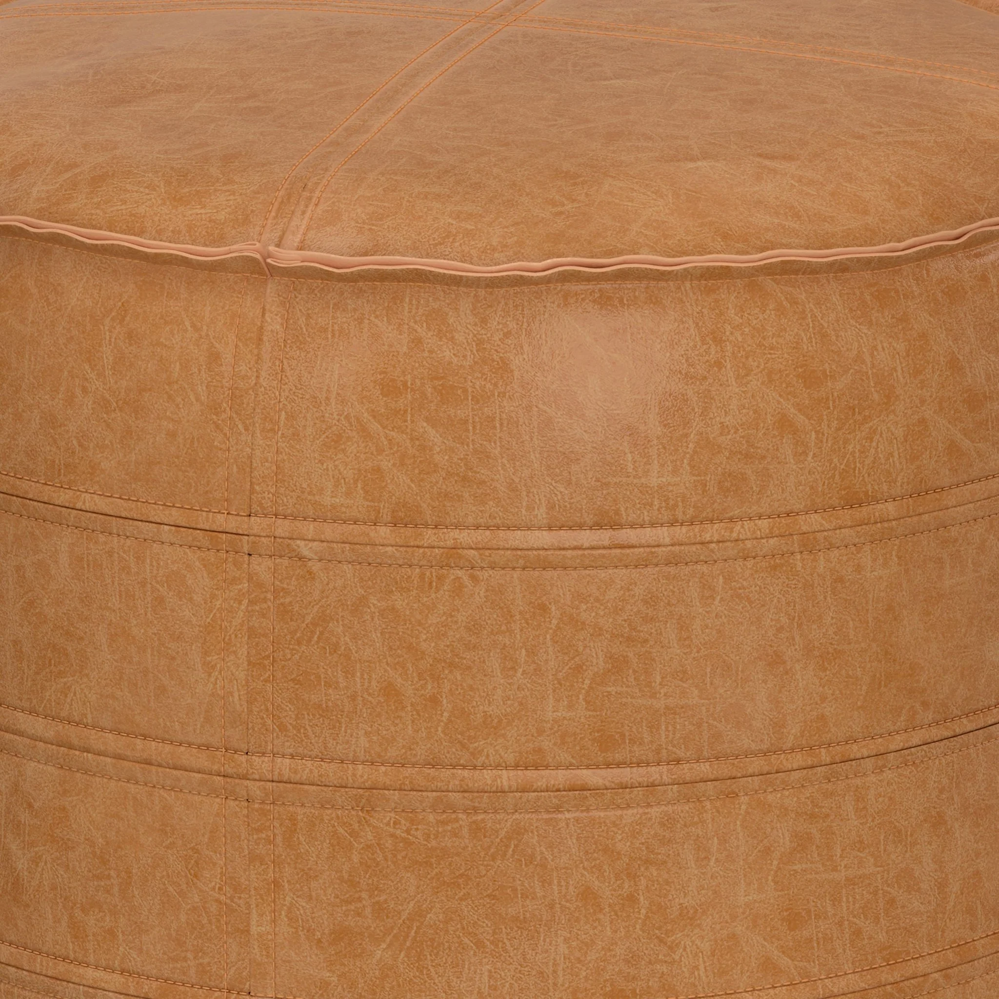 Resonance Faux Leather Round Pouf with Top Stitching Detail and Zipper - Image 2