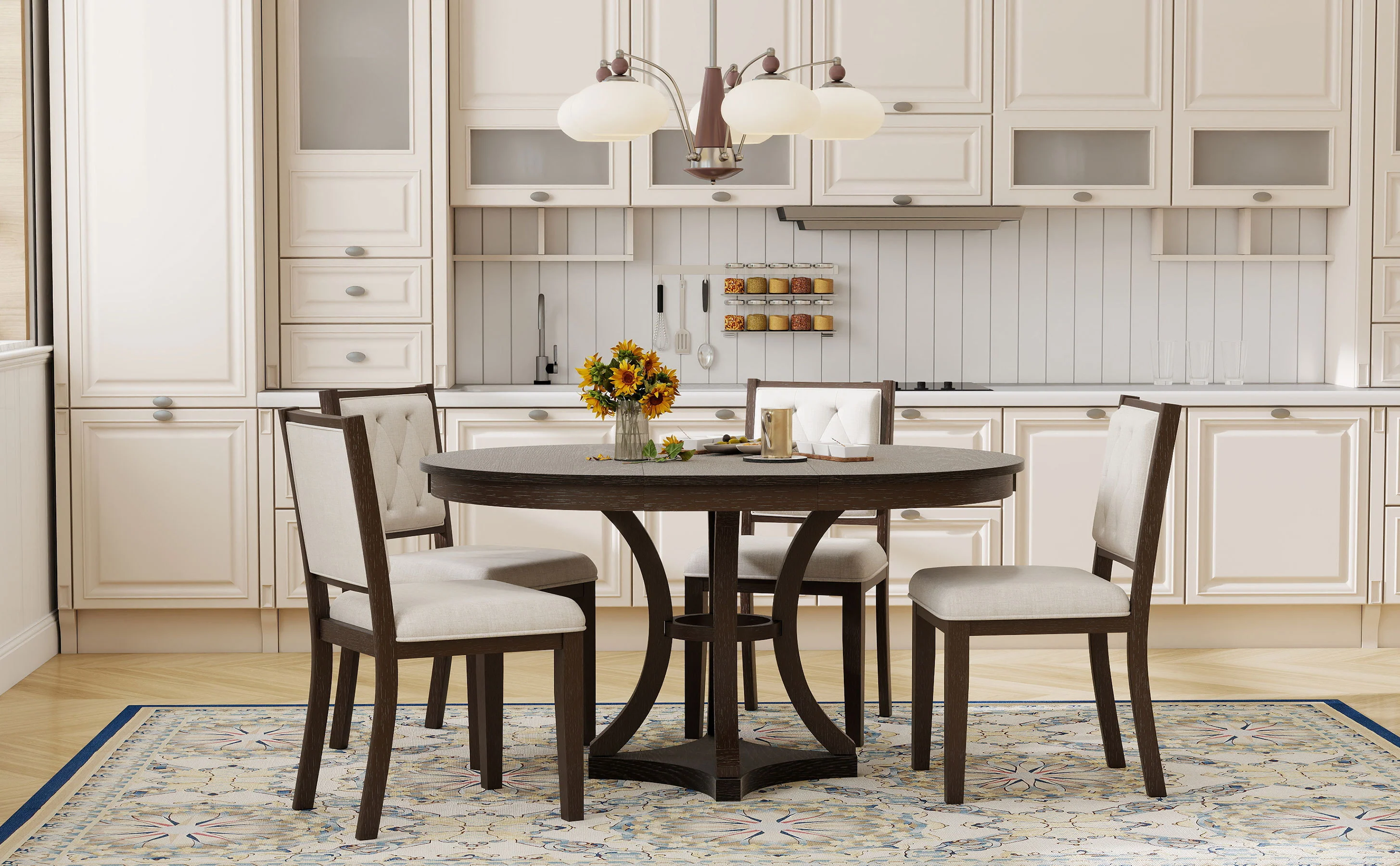 Retro Round Dining Table Set with Extendable Round Table and 4 Upholstered Chairs - Image 28