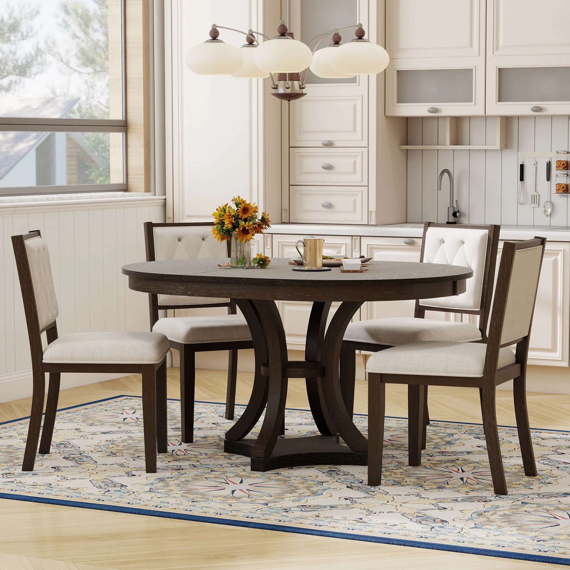 Retro Round Dining Table Set with Extendable Round Table and 4 Upholstered Chairs - Image 3
