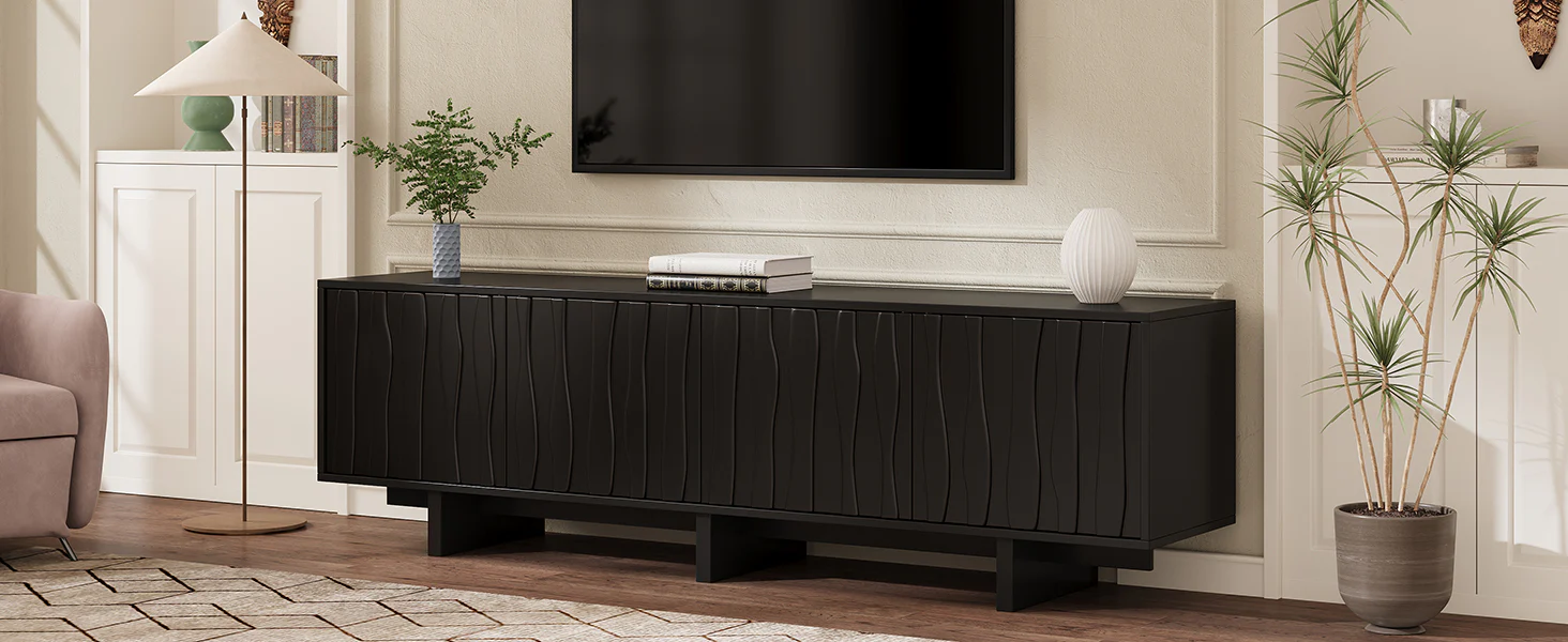Retro Style Wood Grain TV Stand with Wavy Door Design - Image 19