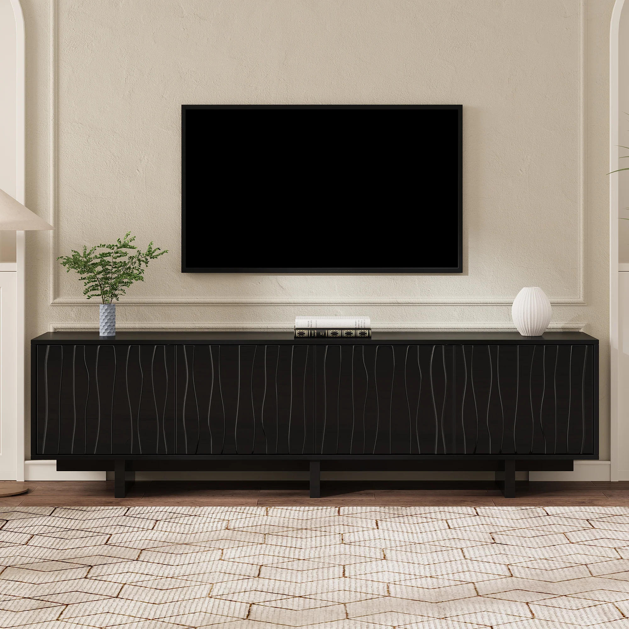 Retro Style Wood Grain TV Stand with Wavy Door Design - Image 3