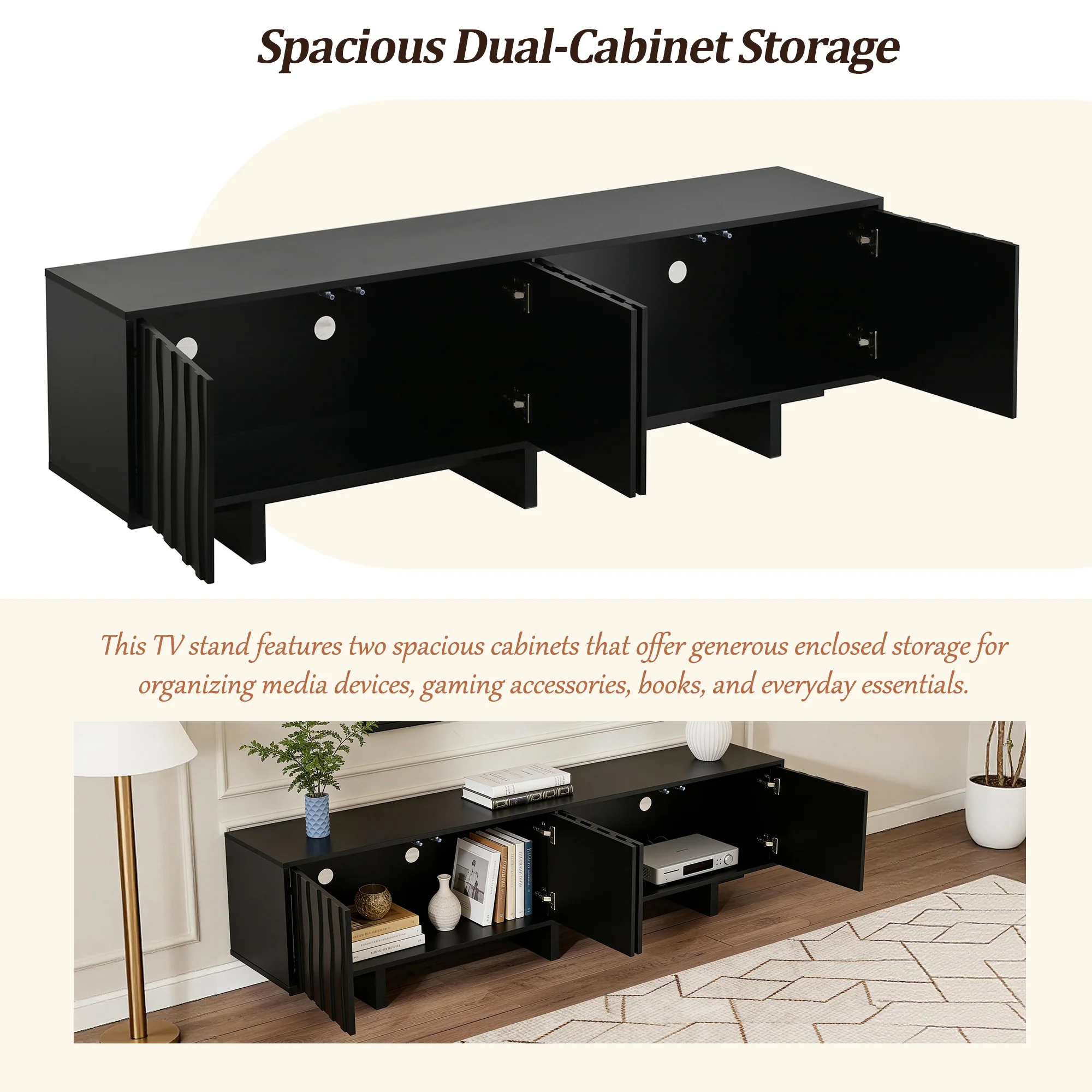 Retro Style Wood Grain TV Stand with Wavy Door Design - Image 5