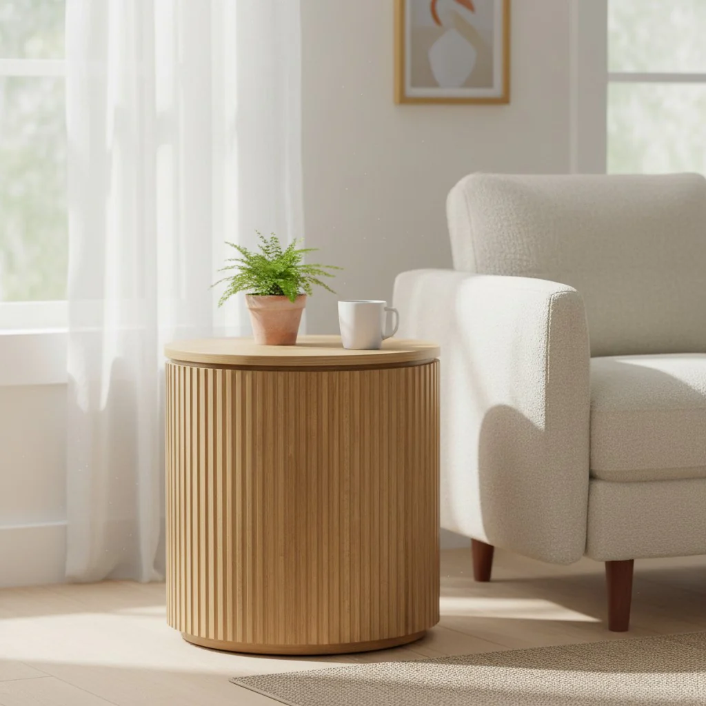 Ribbed Round Brown Solid Wood Accent End Table - Image 2