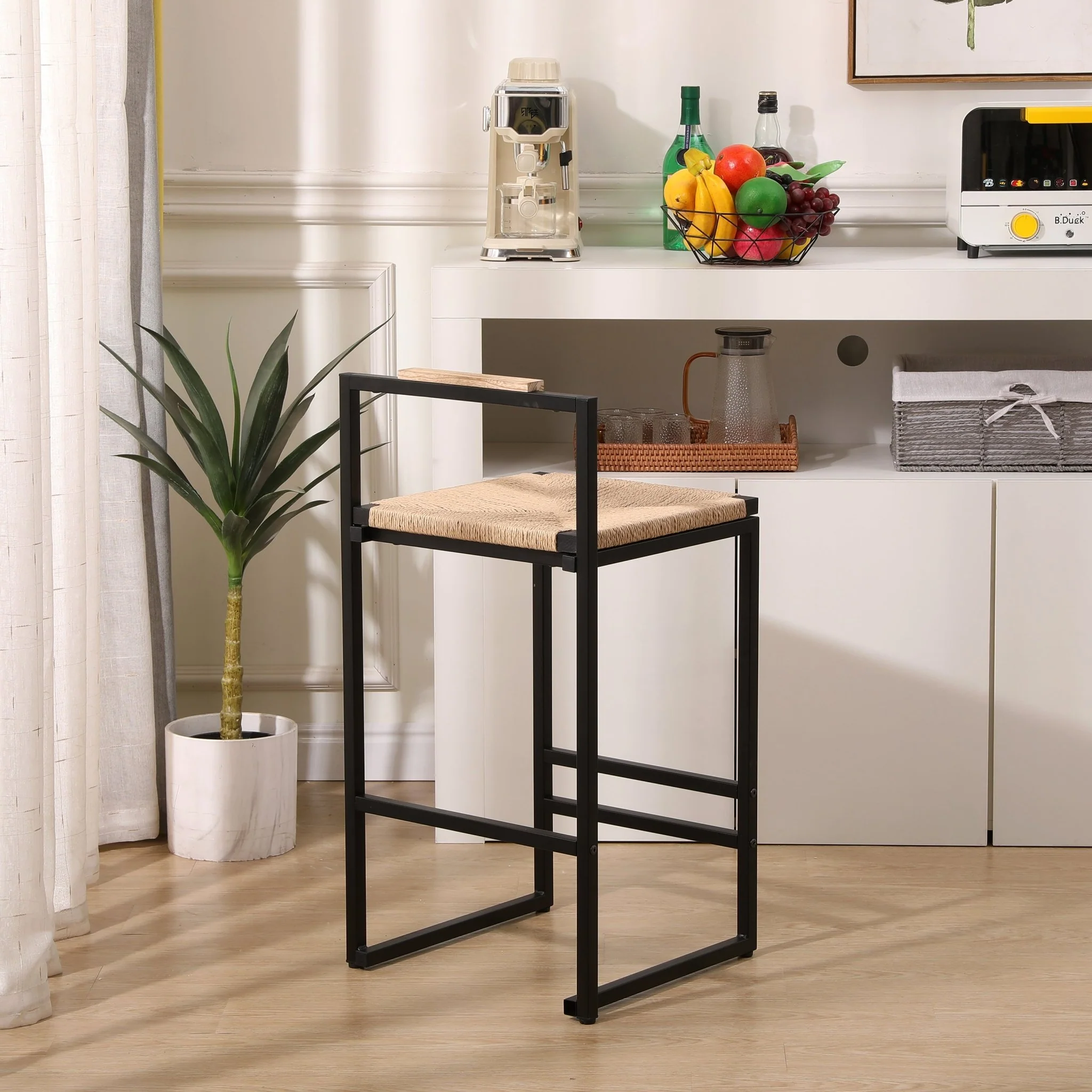Rope Woven Bar Stool with Low Back and Metal Base, Set of 2 - Image 6